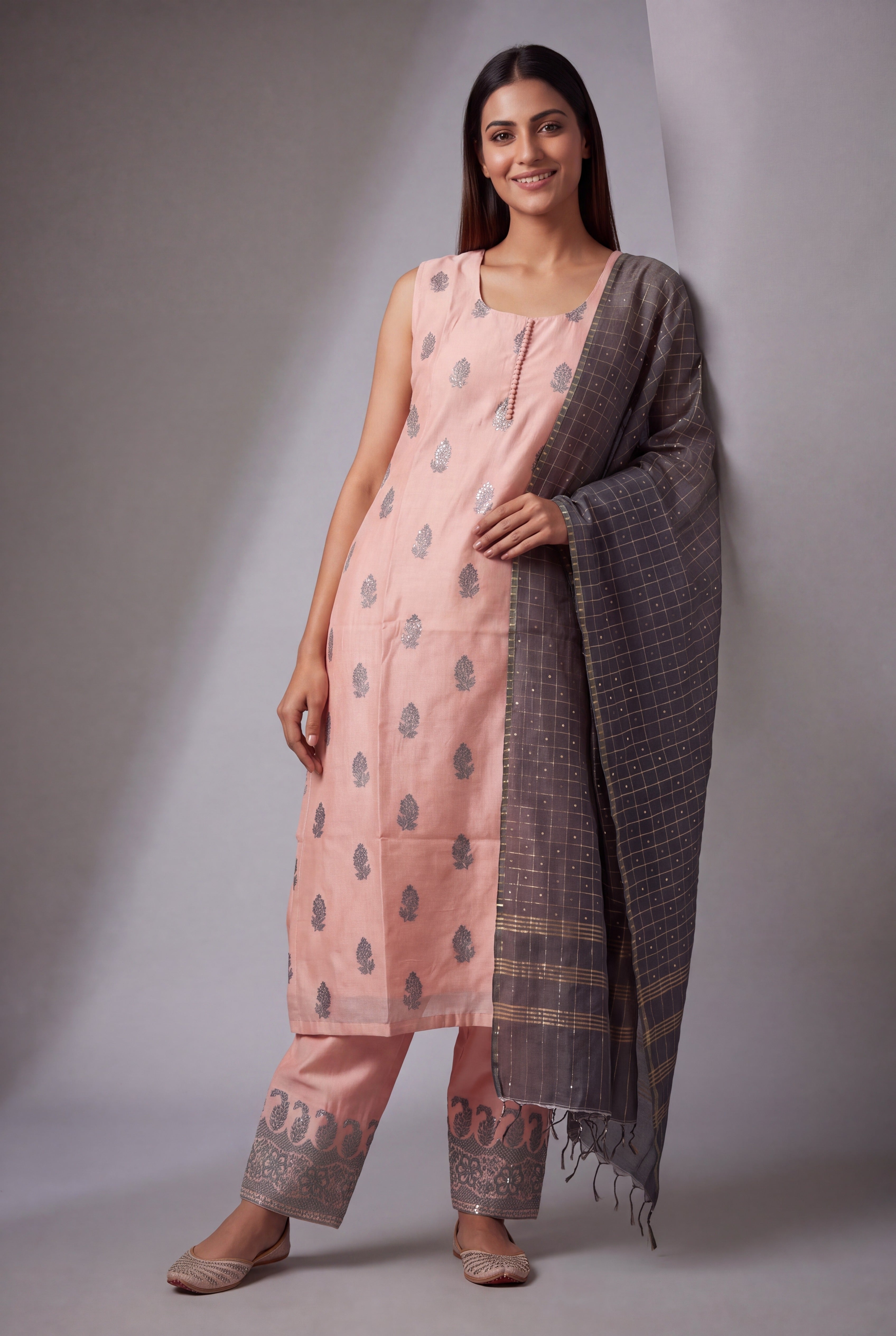 Baby Peach Soft Silk Suit Set with Krishnakusuma threadwork and Sequin work