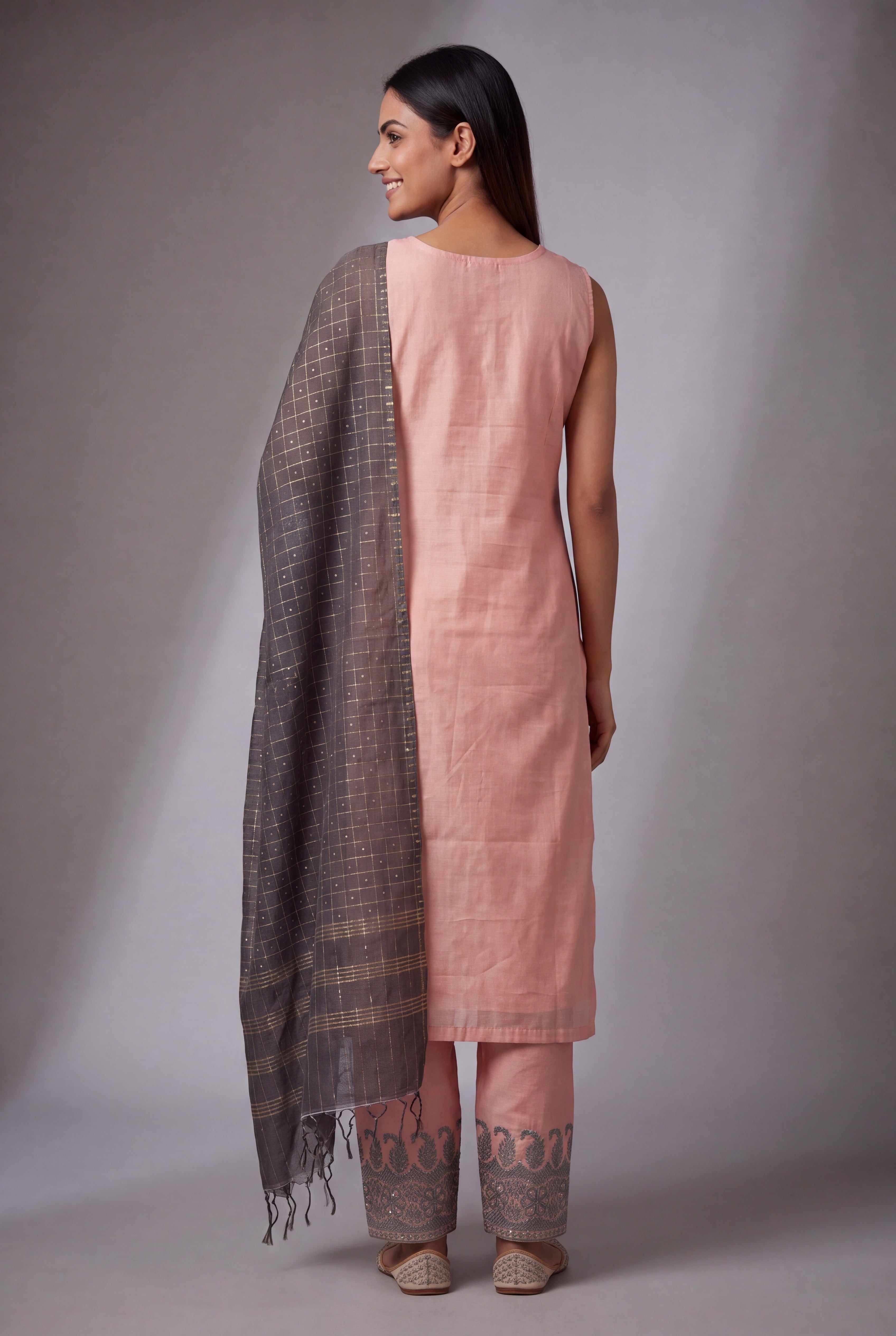 Baby Peach Soft Silk Suit Set with Krishnakusuma threadwork and Sequin work
