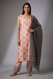 Baby Peach Soft Silk Suit Set with Krishnakusuma threadwork and Sequin work