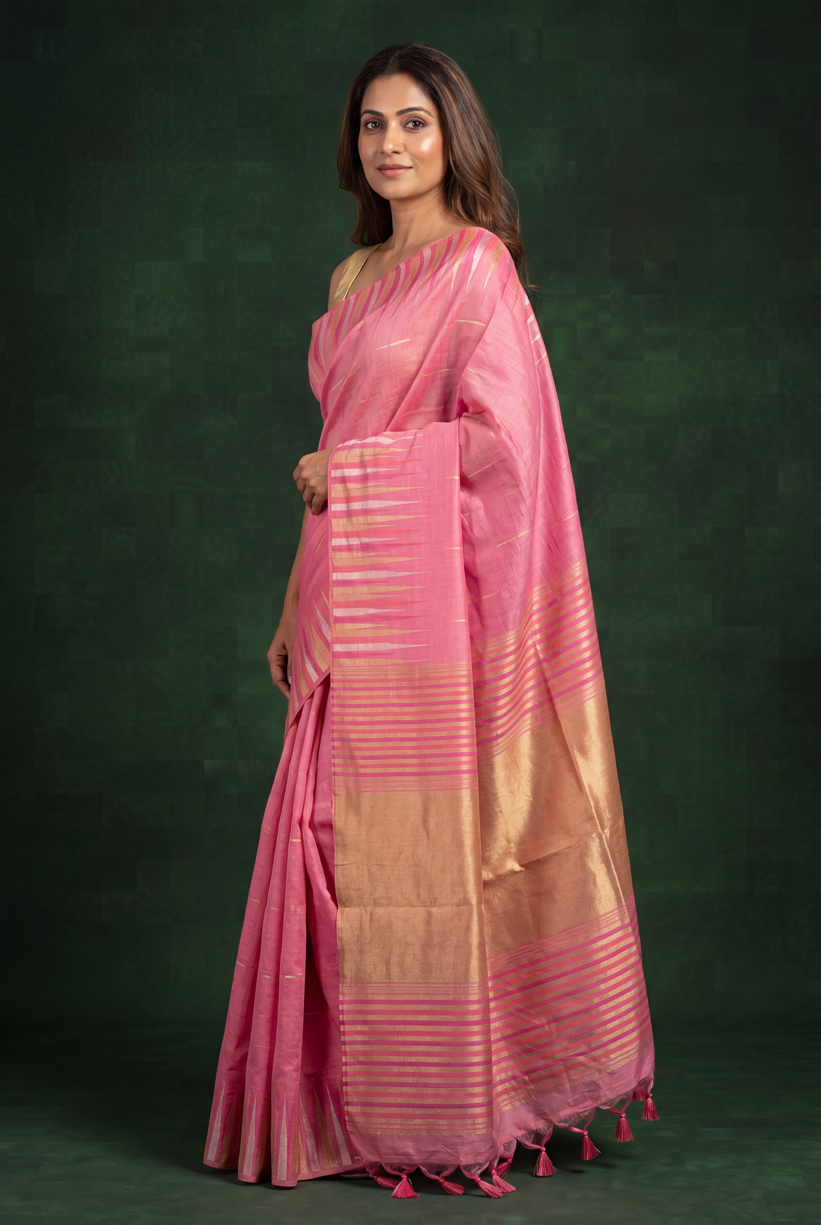 Barbie Pink Tussar Silk Saree with Resham and Zari Irkal border