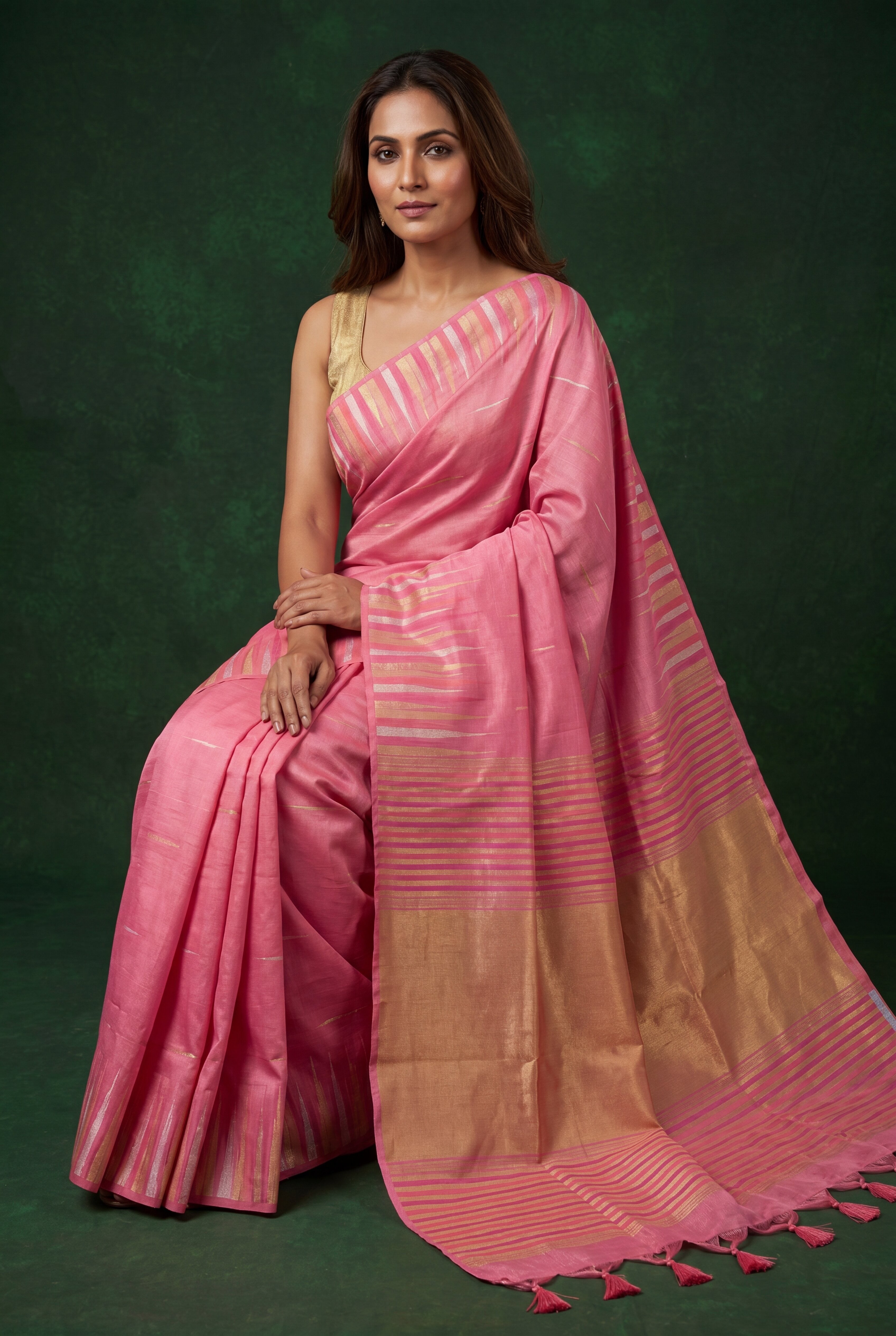 Barbie Pink Tussar Silk Saree with Resham and Zari Irkal border