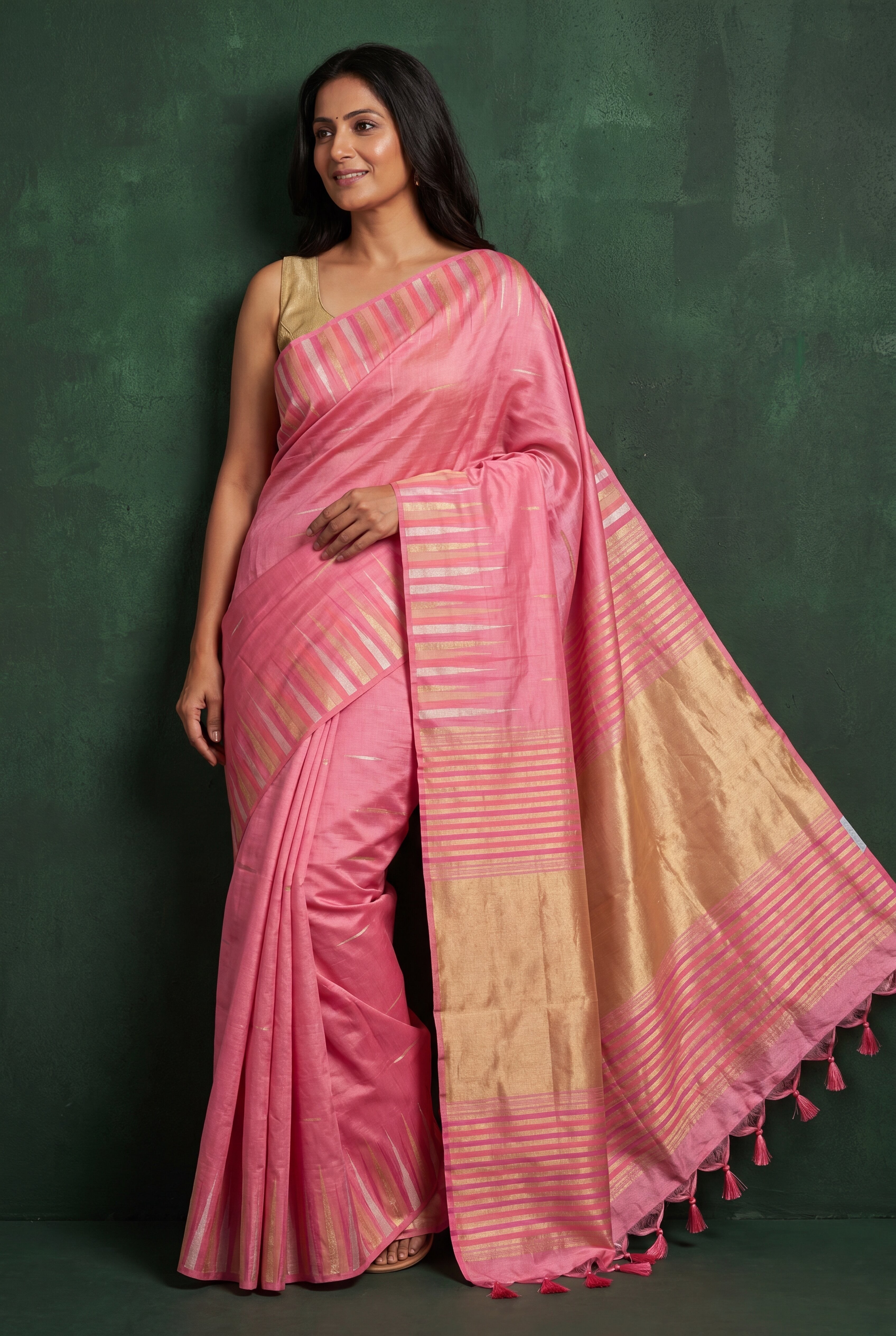 Barbie Pink Tussar Silk Saree with Resham and Zari Irkal border