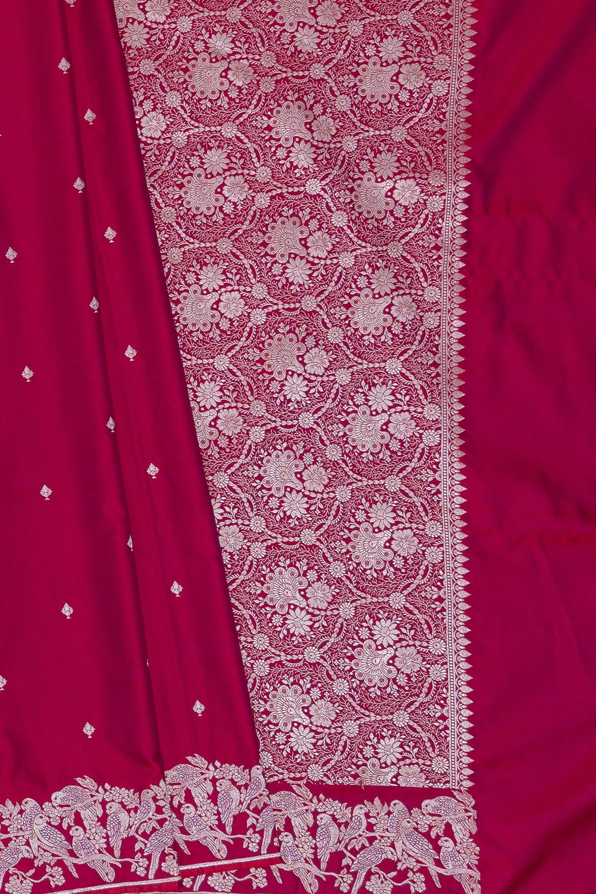 Berry Pink Katan Silk Banarasi Saree with Silver Zari Parṇa butti