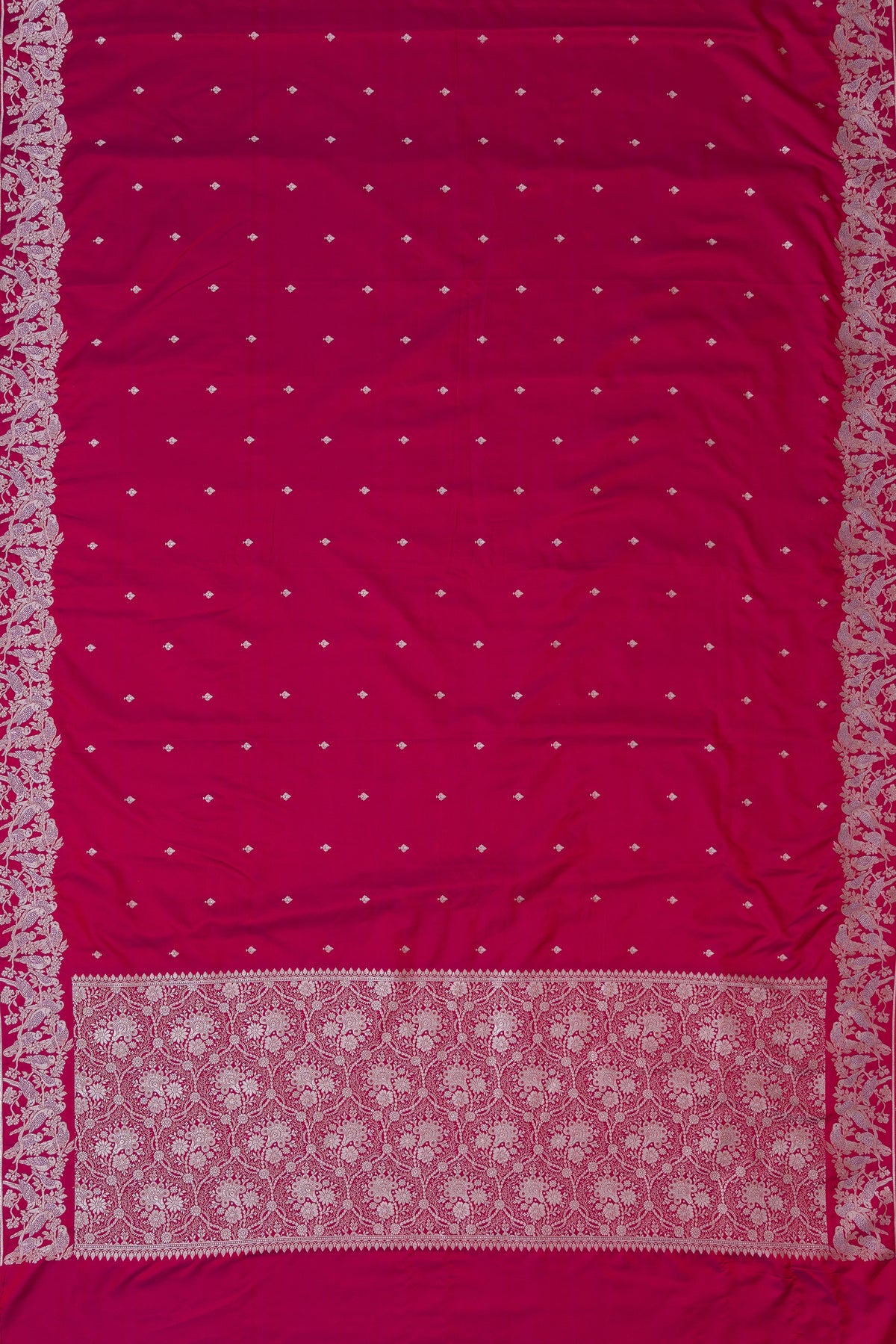 Berry Pink Katan Silk Banarasi Saree with Silver Zari Parṇa butti
