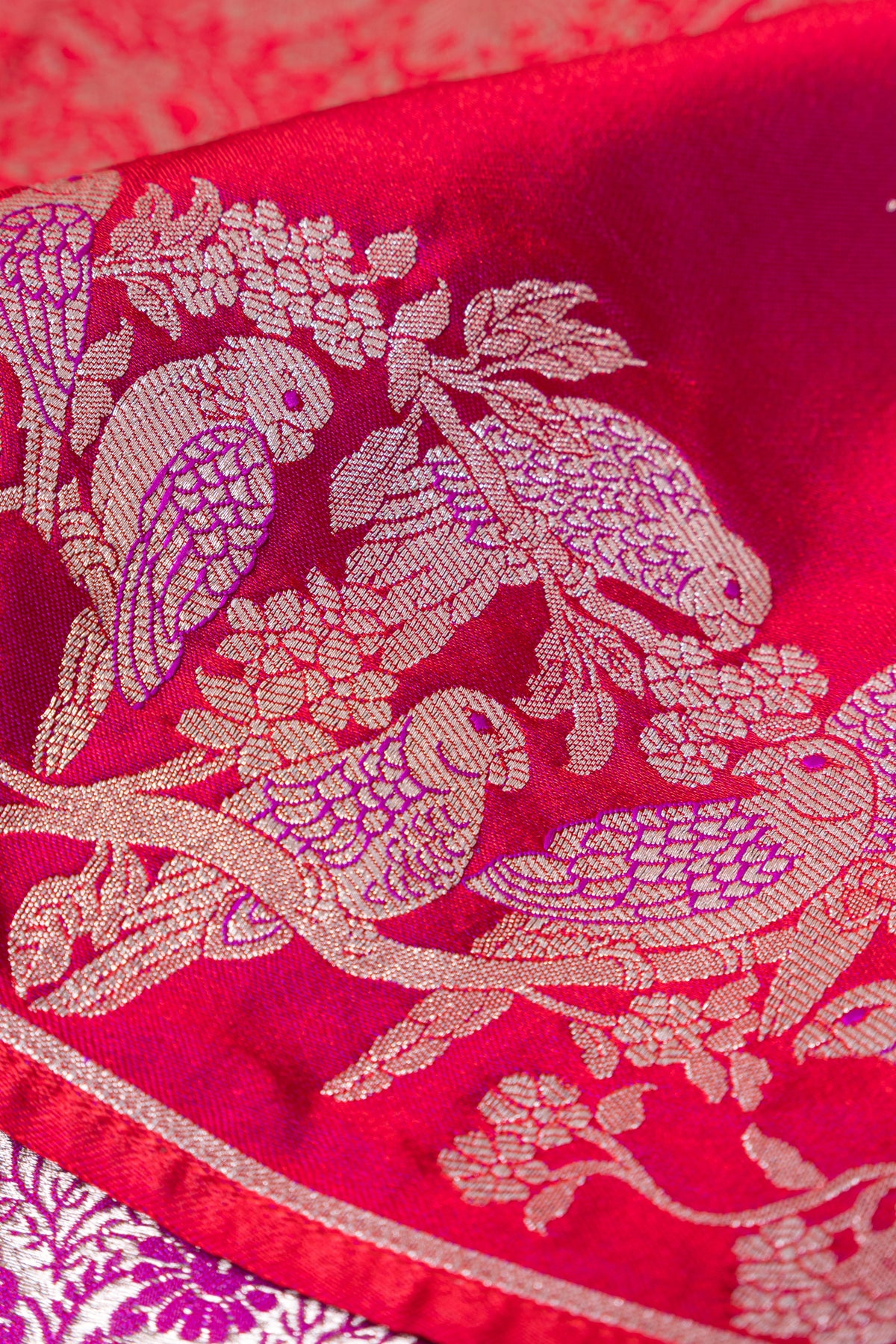 Berry Pink Katan Silk Banarasi Saree with Silver Zari Parṇa butti