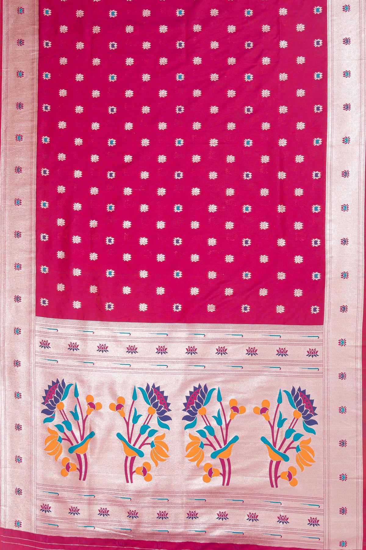 Berry Pink Katan Silk Paithani Saree with Meena Butti, Embossed Weave and Gold Zari Lotus Pallu