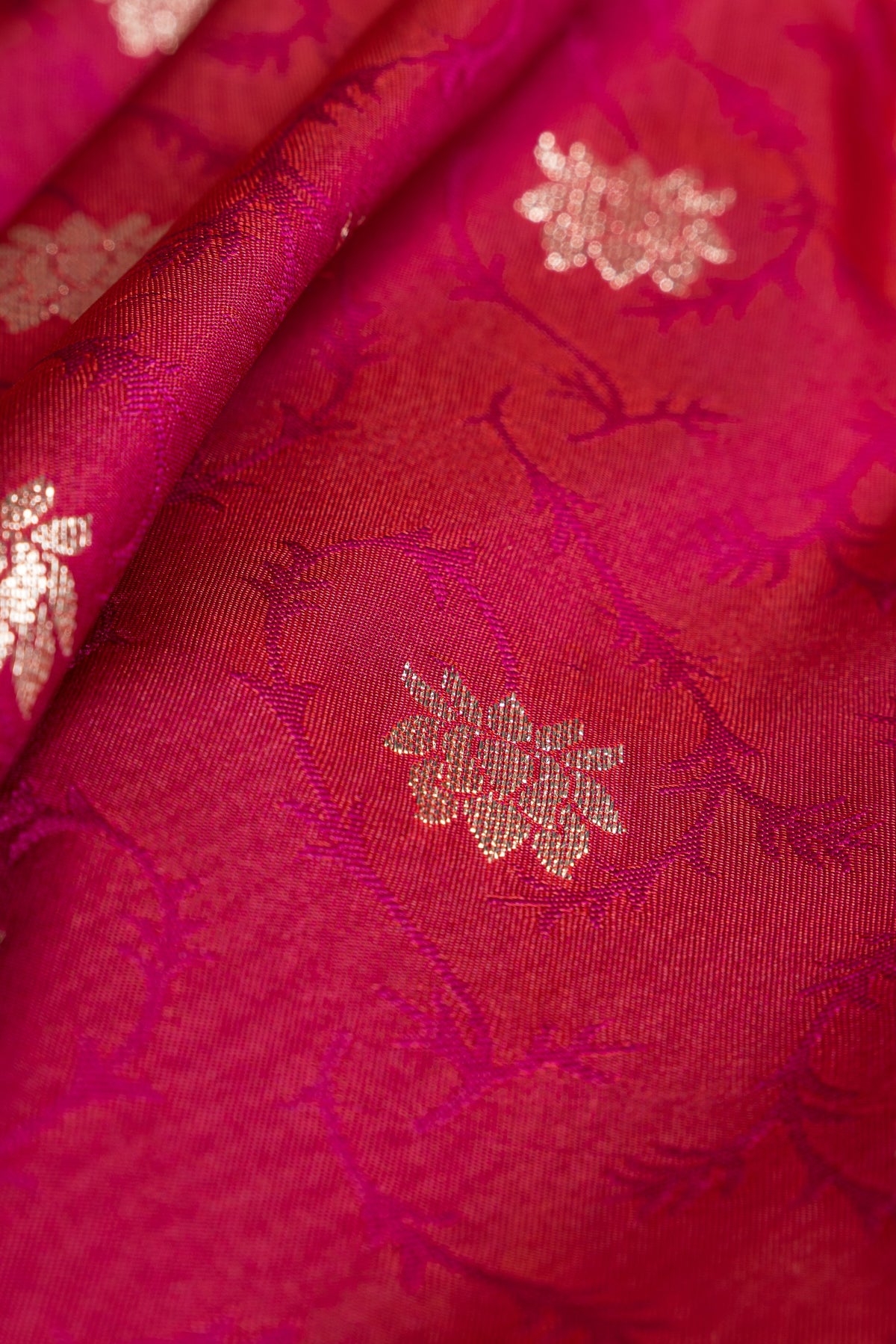 Berry Pink Katan Silk Paithani Saree with Meena Butti, Embossed Weave and Gold Zari Lotus Pallu