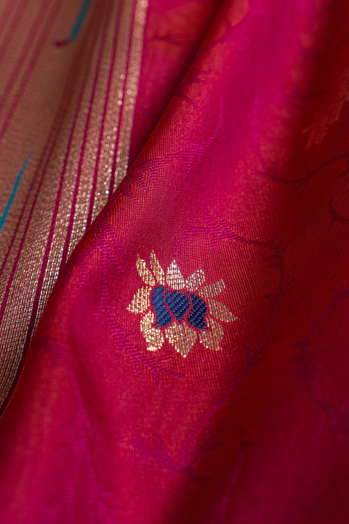 Berry Pink Katan Silk Paithani Saree with Meena Butti, Embossed Weave and Gold Zari Lotus Pallu