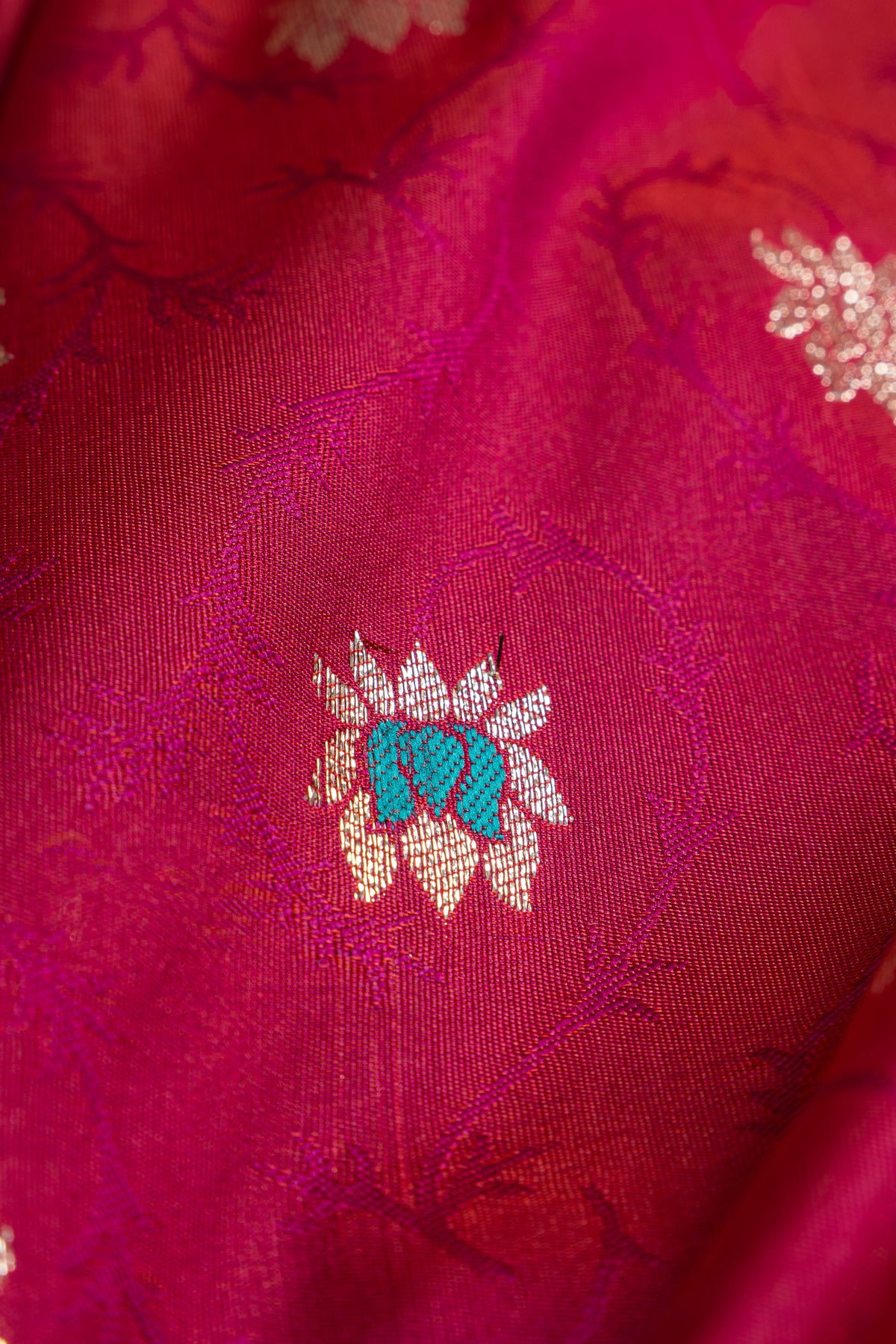 Berry Pink Katan Silk Paithani Saree with Meena Butti, Embossed Weave and Gold Zari Lotus Pallu