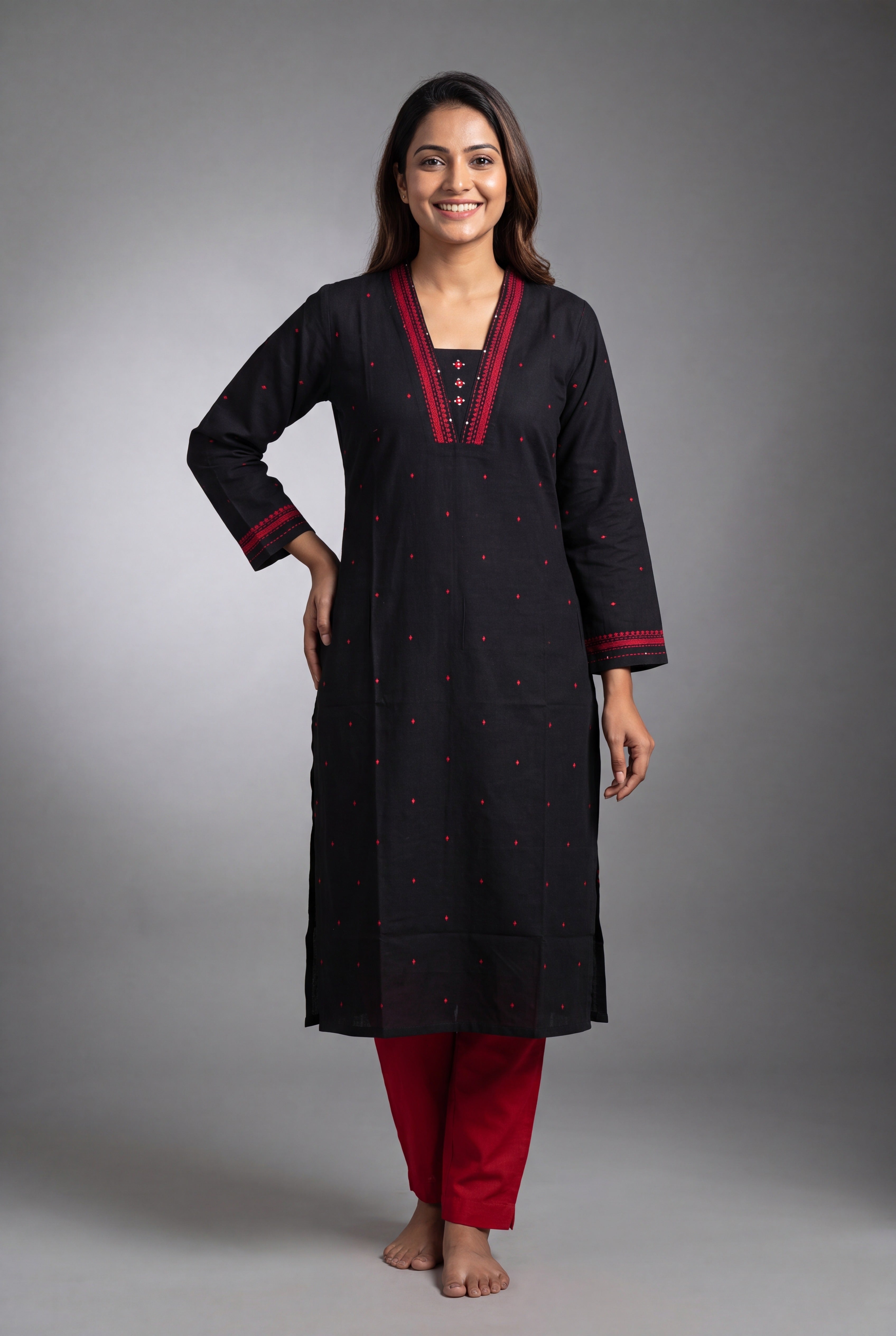 Black Cotton Kurti with Rakta bindu threadwork