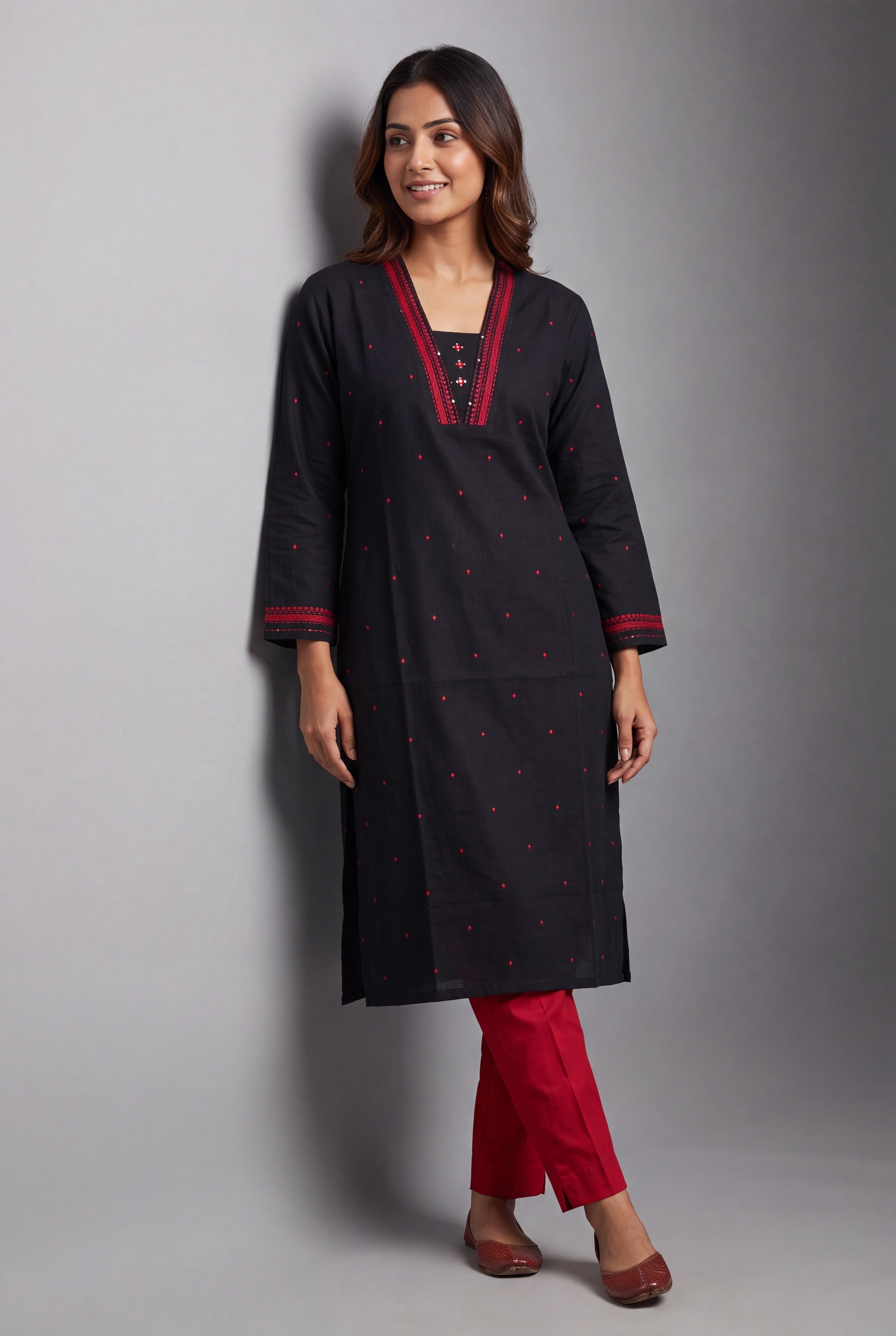 Black Cotton Kurti with Rakta bindu threadwork