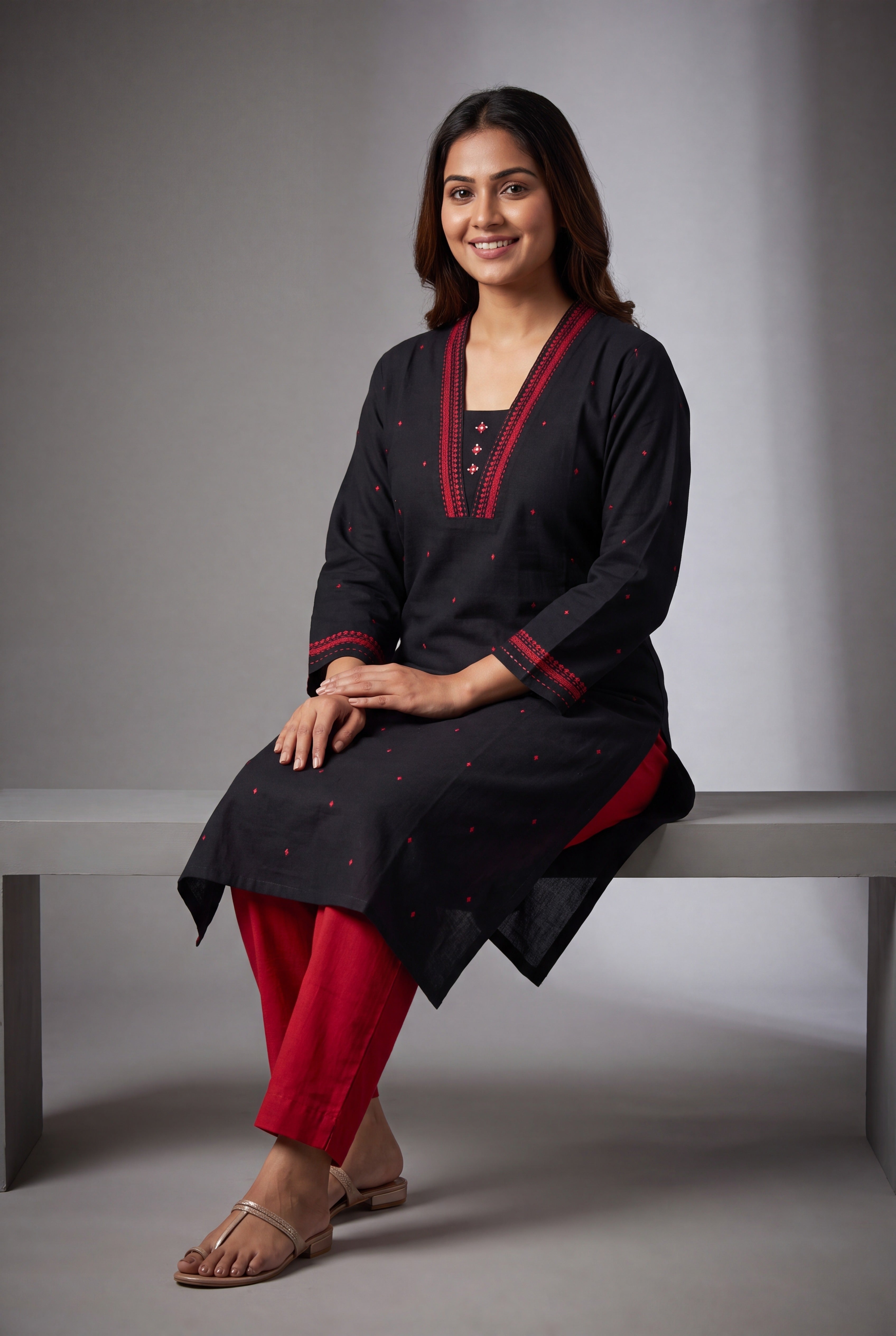 Black Cotton Kurti with Rakta bindu threadwork