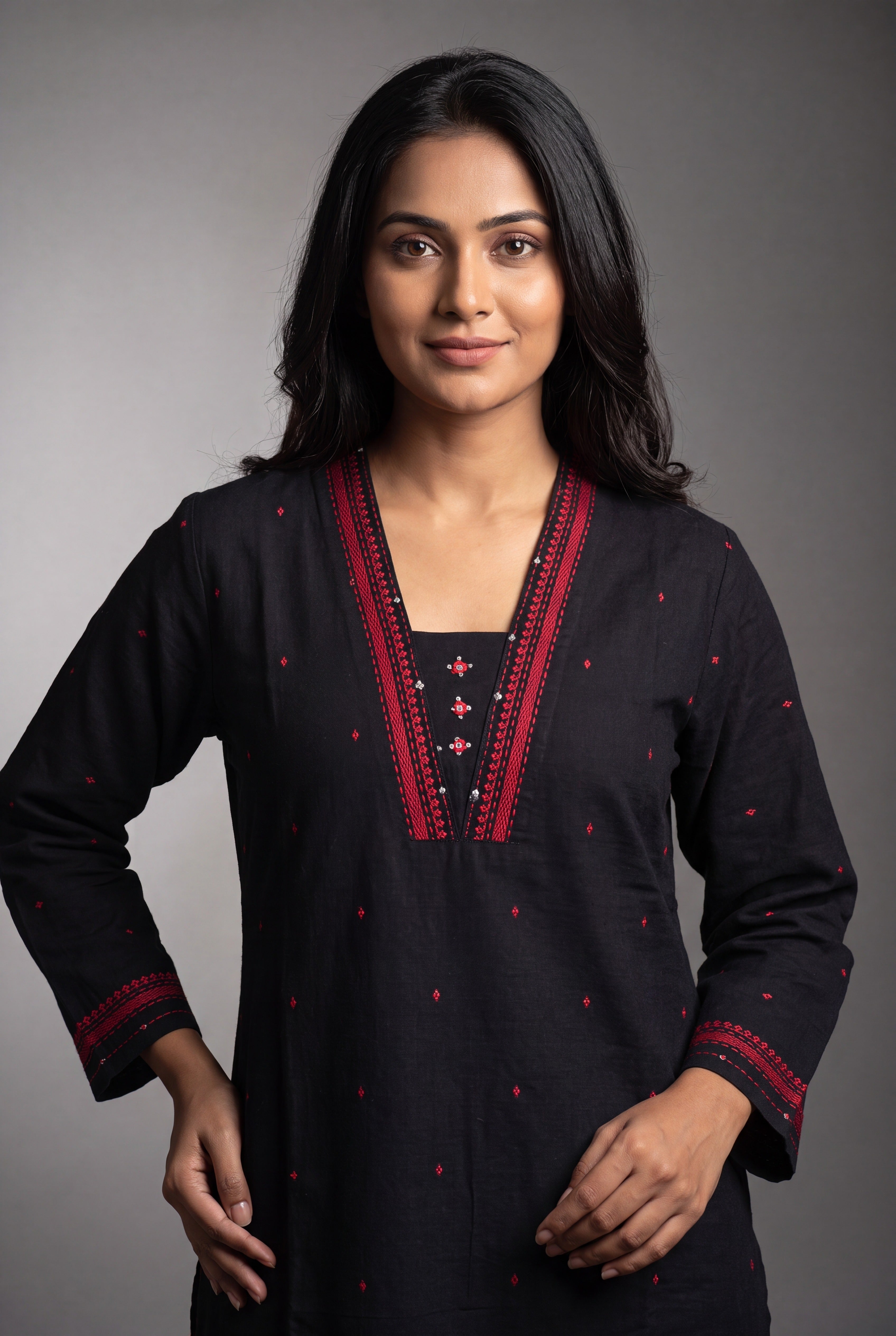 Black Cotton Kurti with Rakta bindu threadwork