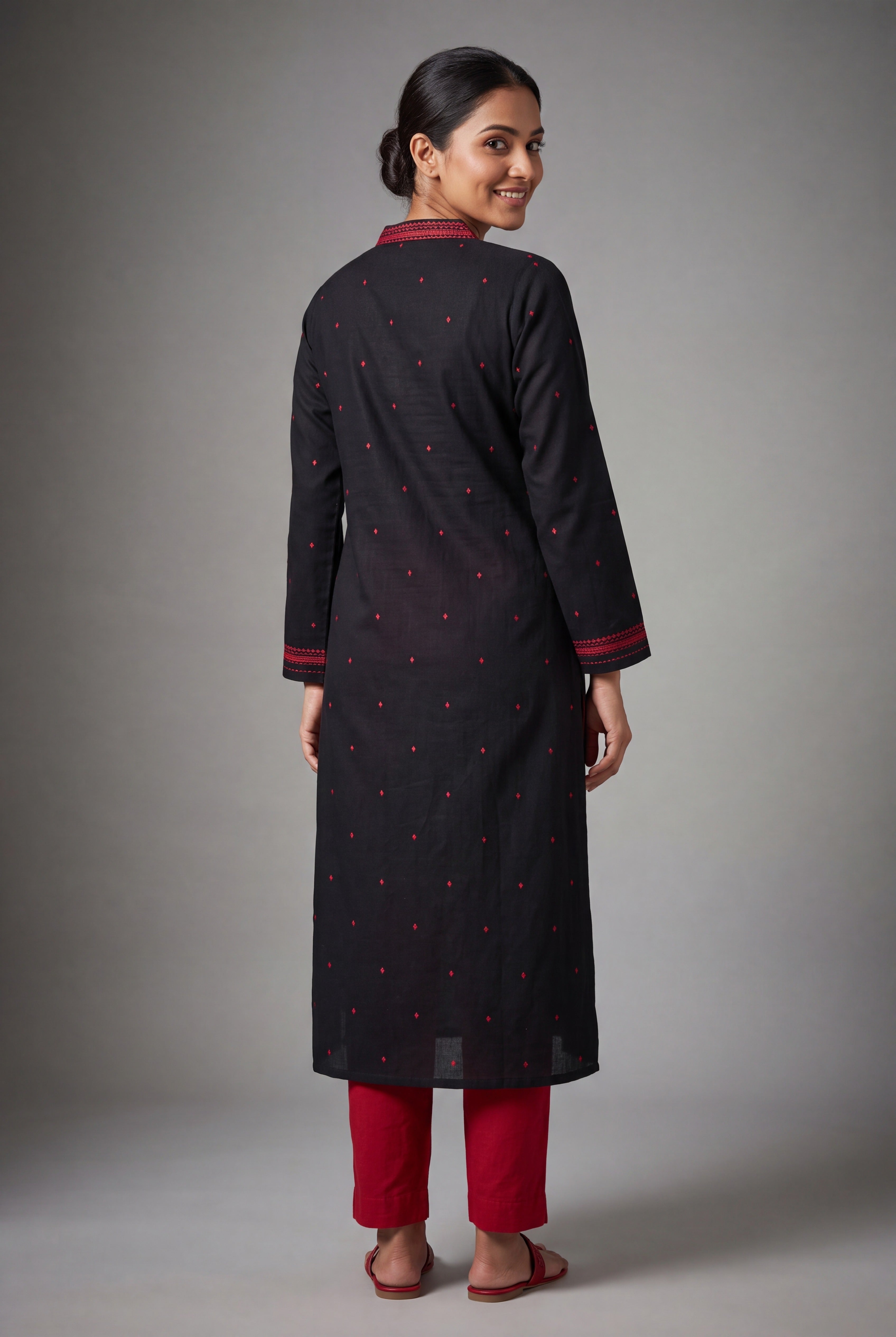 Black Cotton Kurti with Rakta bindu threadwork