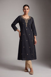 Black Cotton Sayam Kurti with Coffee Chikan-Inspired threadwork