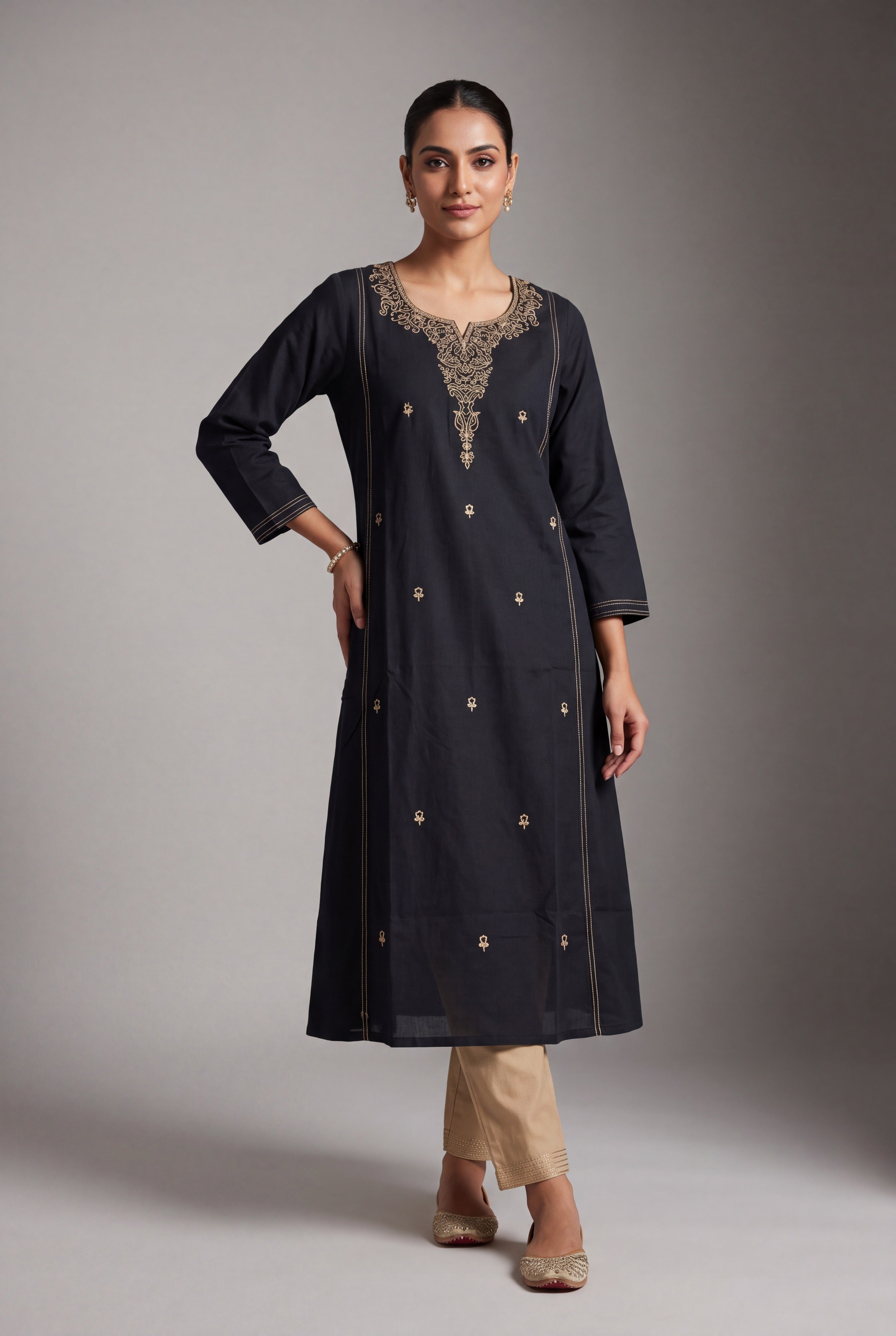 Black Cotton Sayam Kurti with Coffee Chikan-Inspired threadwork