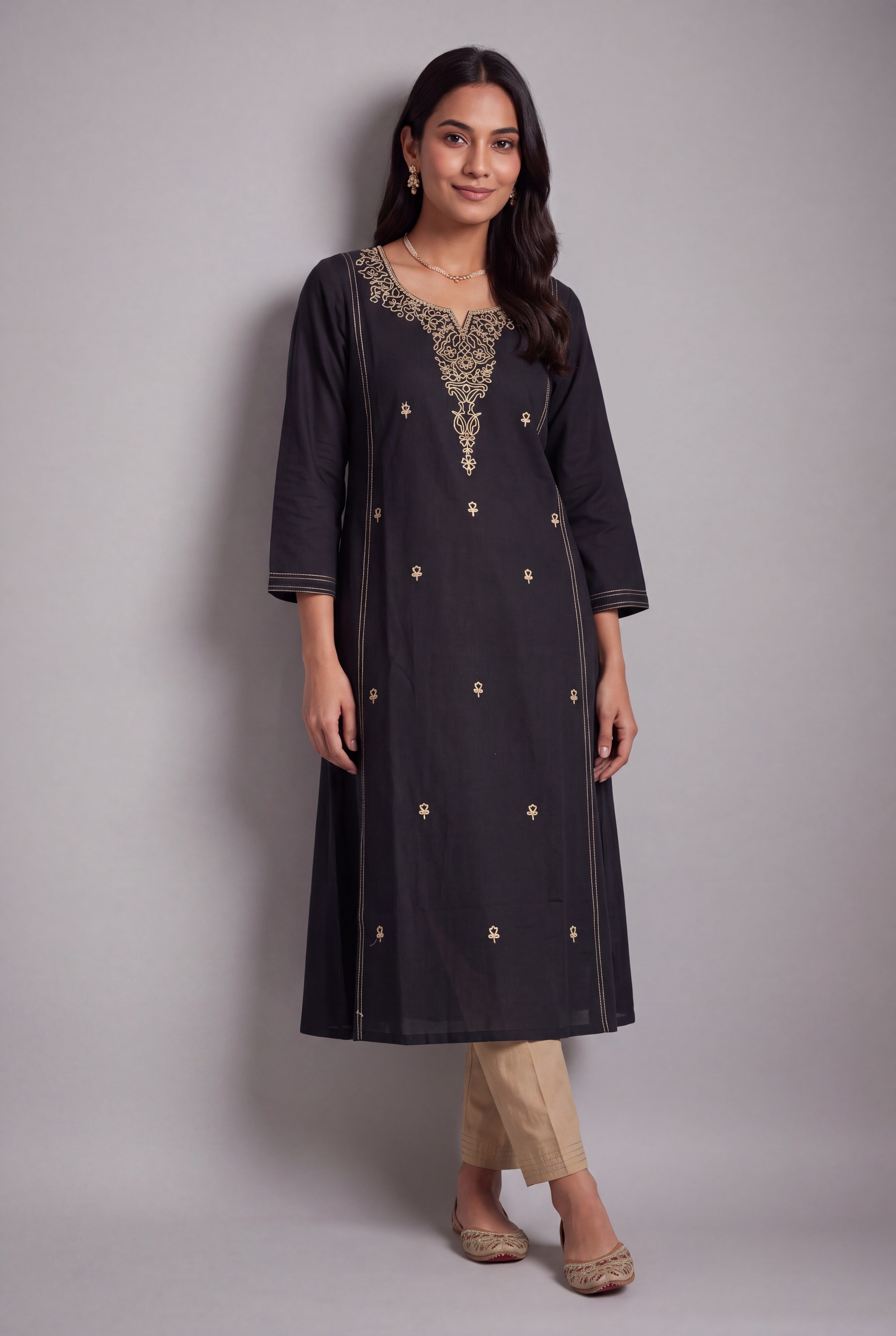 Black Cotton Sayam Kurti with Coffee Chikan-Inspired threadwork