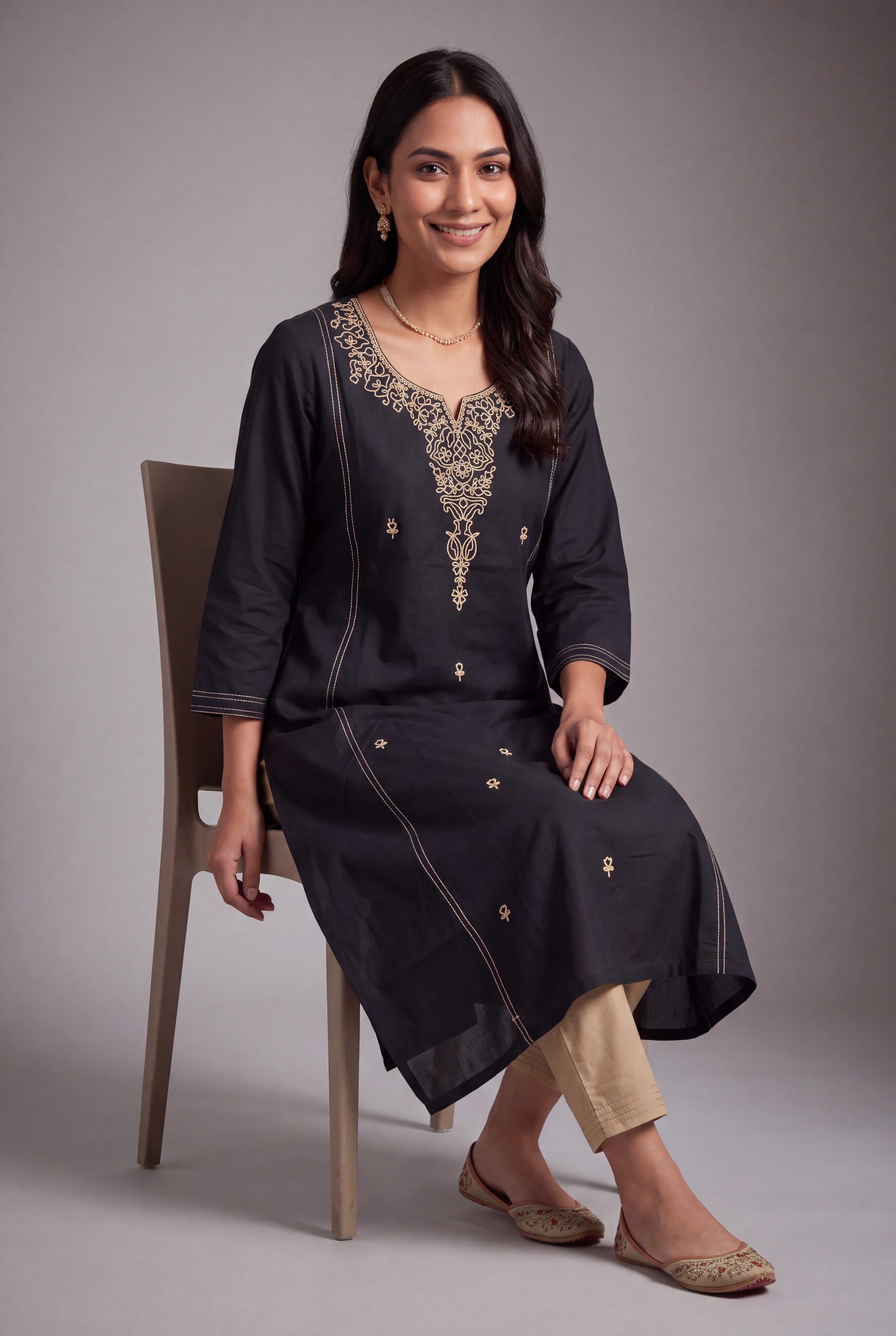 Black Cotton Sayam Kurti with Coffee Chikan-Inspired threadwork