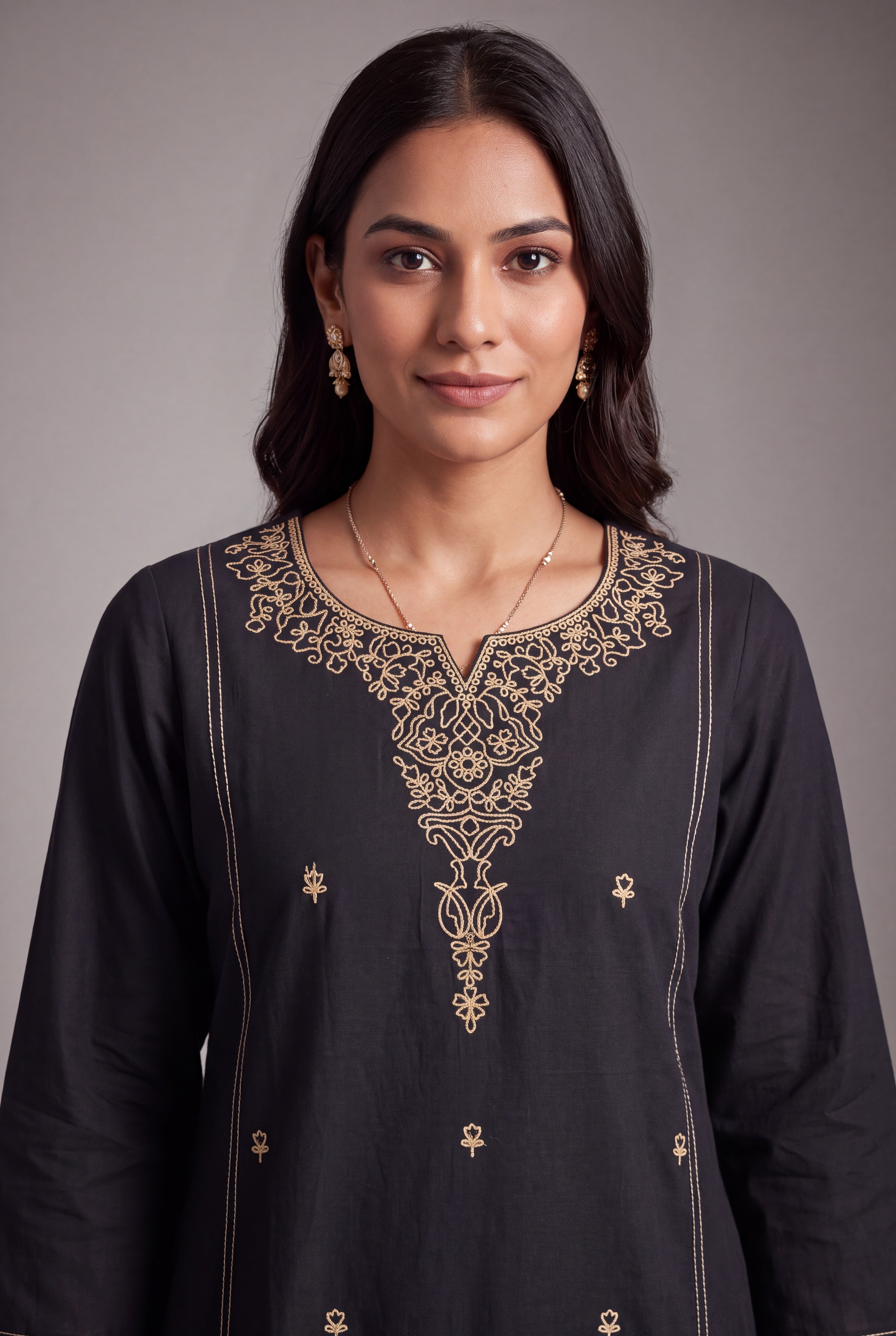 Black Cotton Sayam Kurti with Coffee Chikan-Inspired threadwork