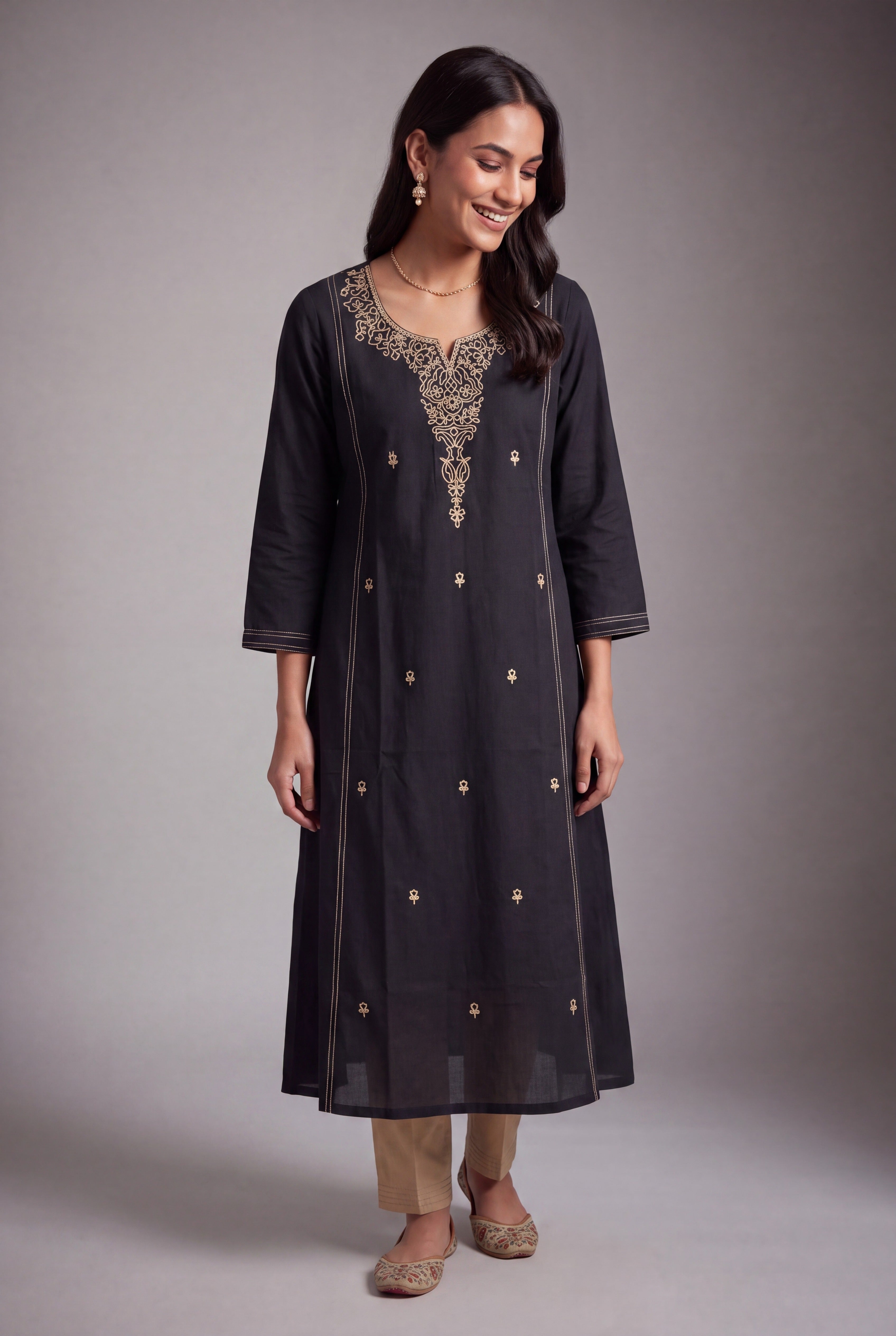 Black Cotton Sayam Kurti with Coffee Chikan-Inspired threadwork