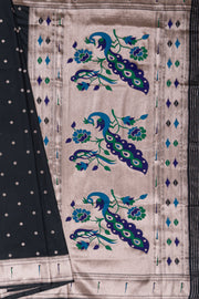 Black Katan Silk Paithani Saree with Multicolour Munya border and Śuka-Mayūra Pallu
