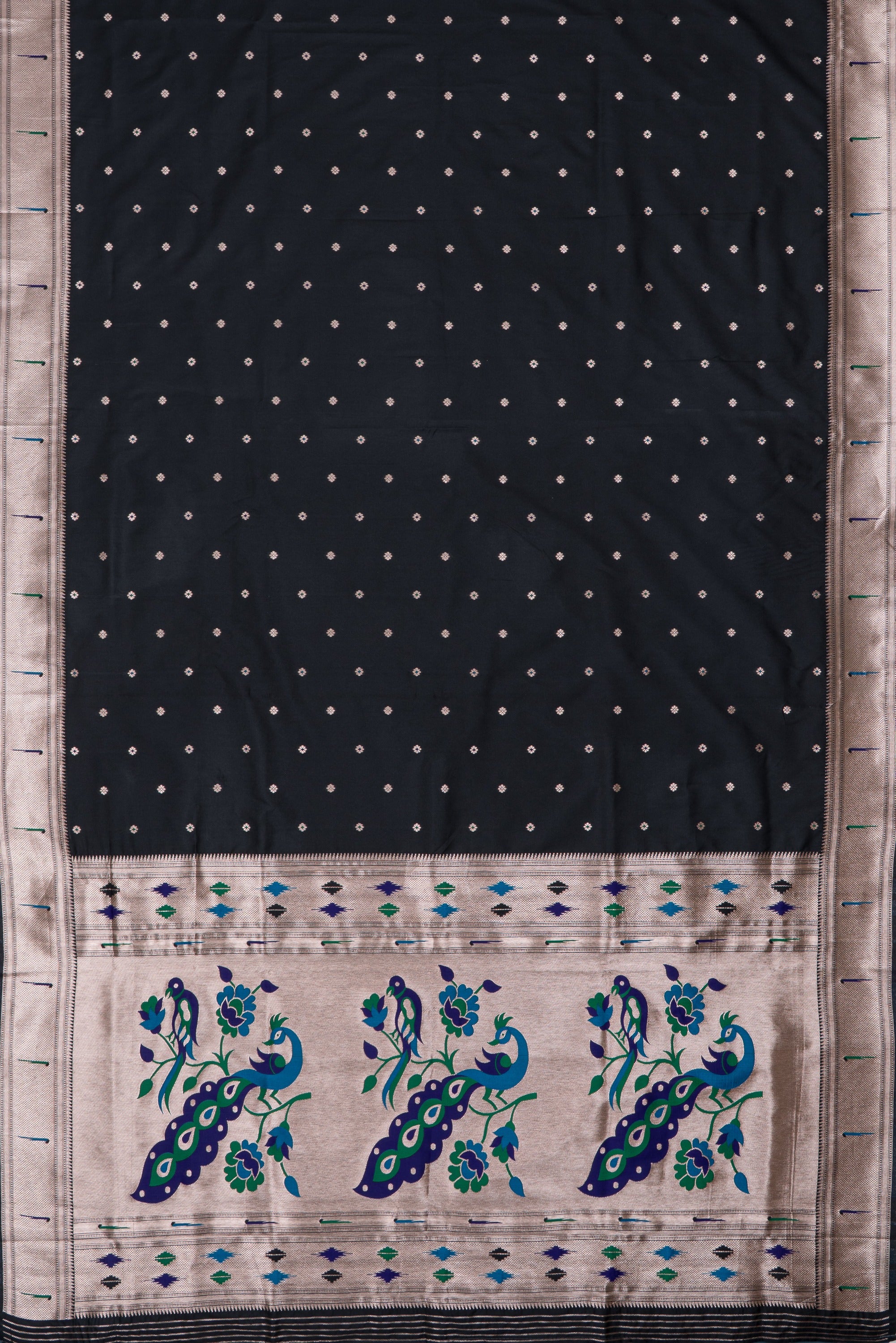 Black Katan Silk Paithani Saree with Multicolour Munya border and Śuka-Mayūra Pallu