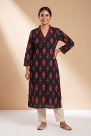 Black Kurti with Crimson Ikkat Print