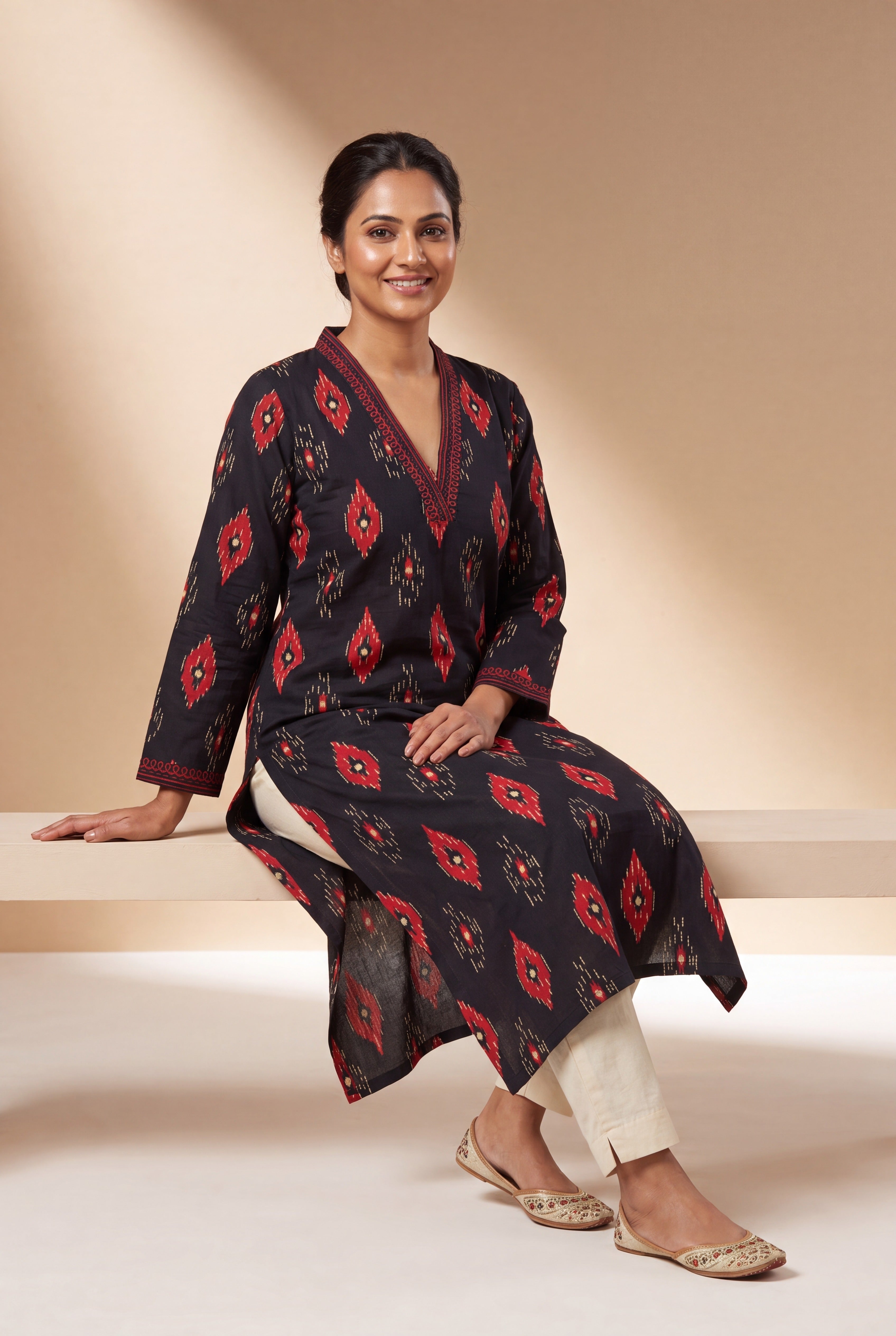Black Kurti with Crimson Ikkat Print