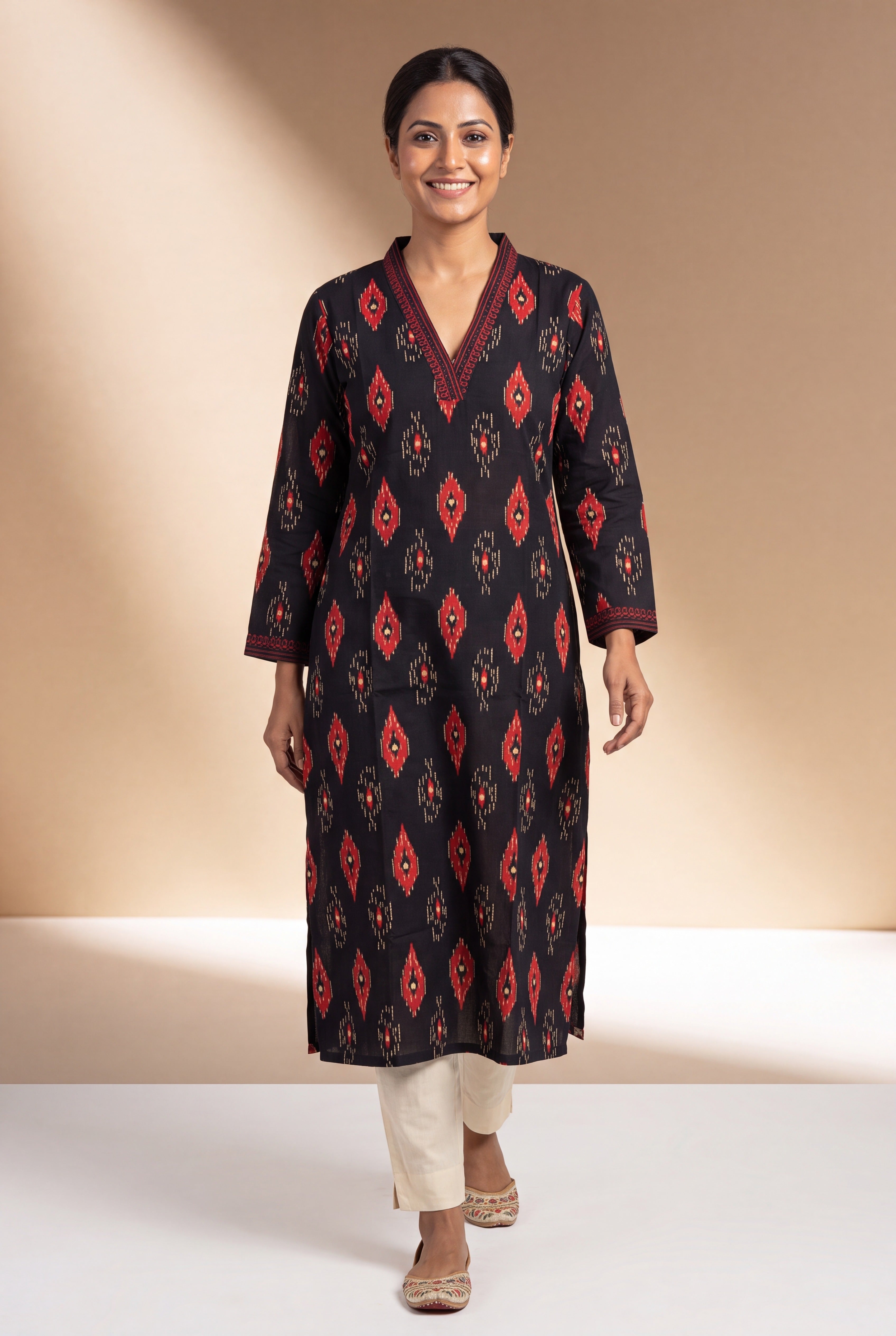 Black Kurti with Crimson Ikkat Print