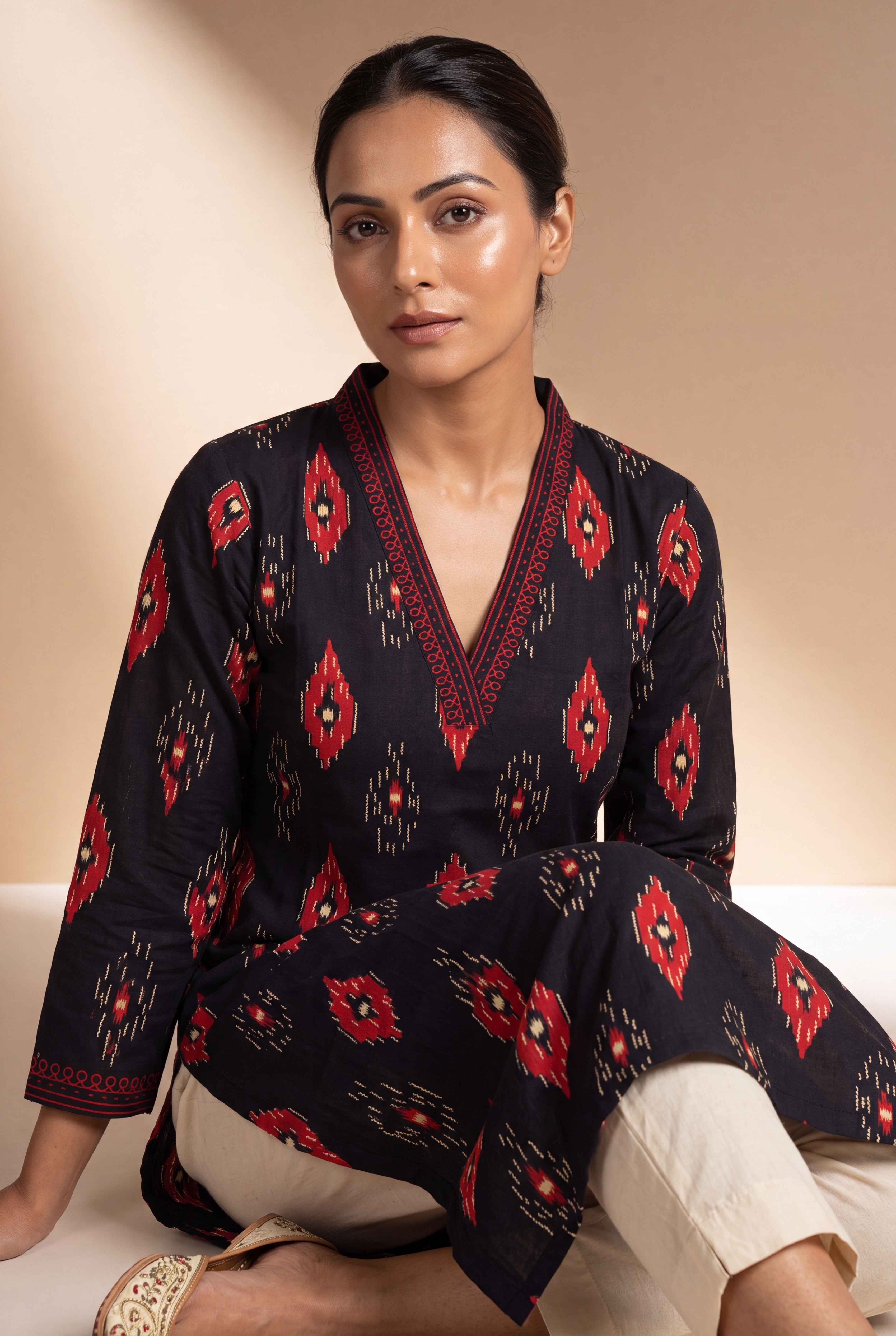 Black Kurti with Crimson Ikkat Print