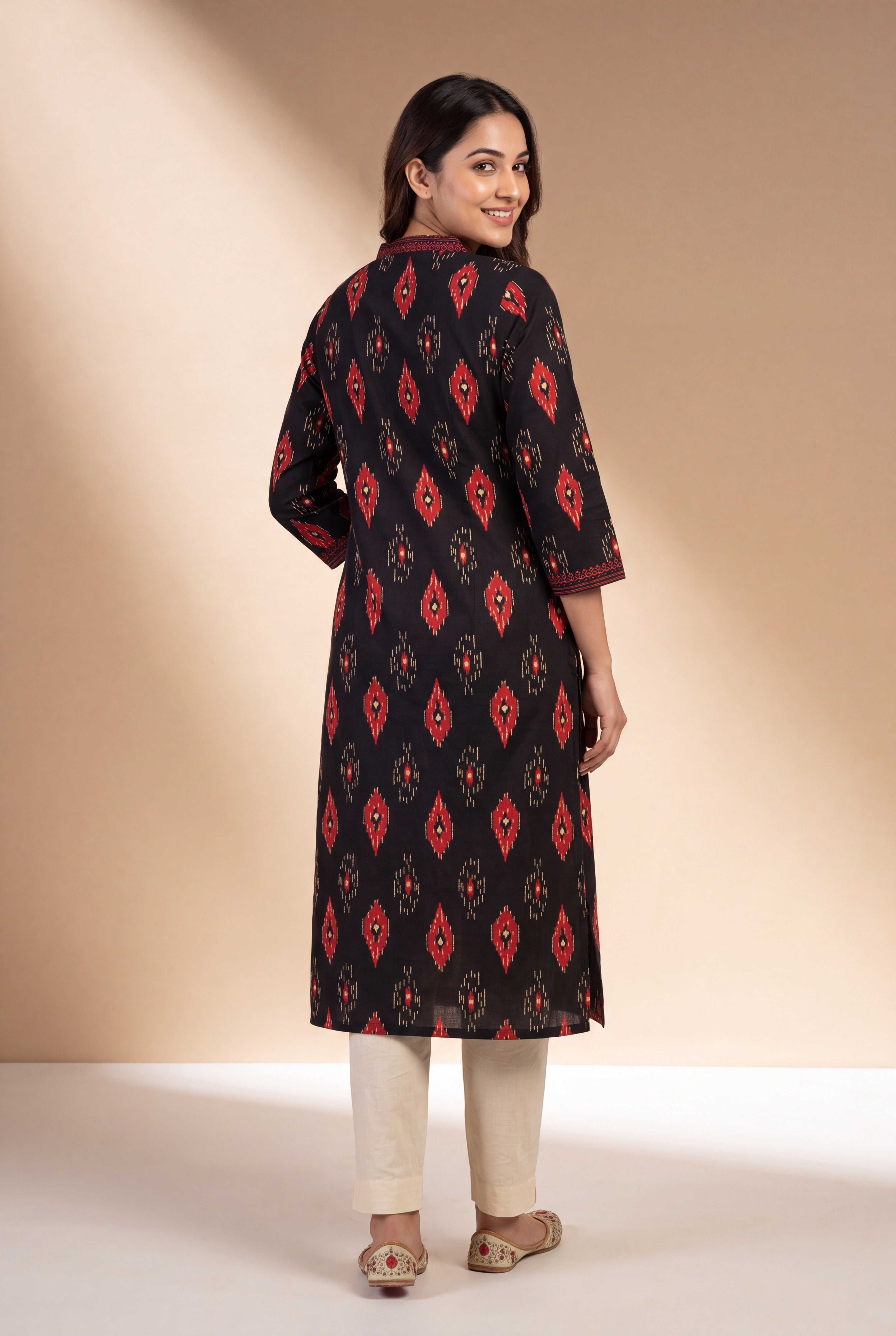 Black Kurti with Crimson Ikkat Print