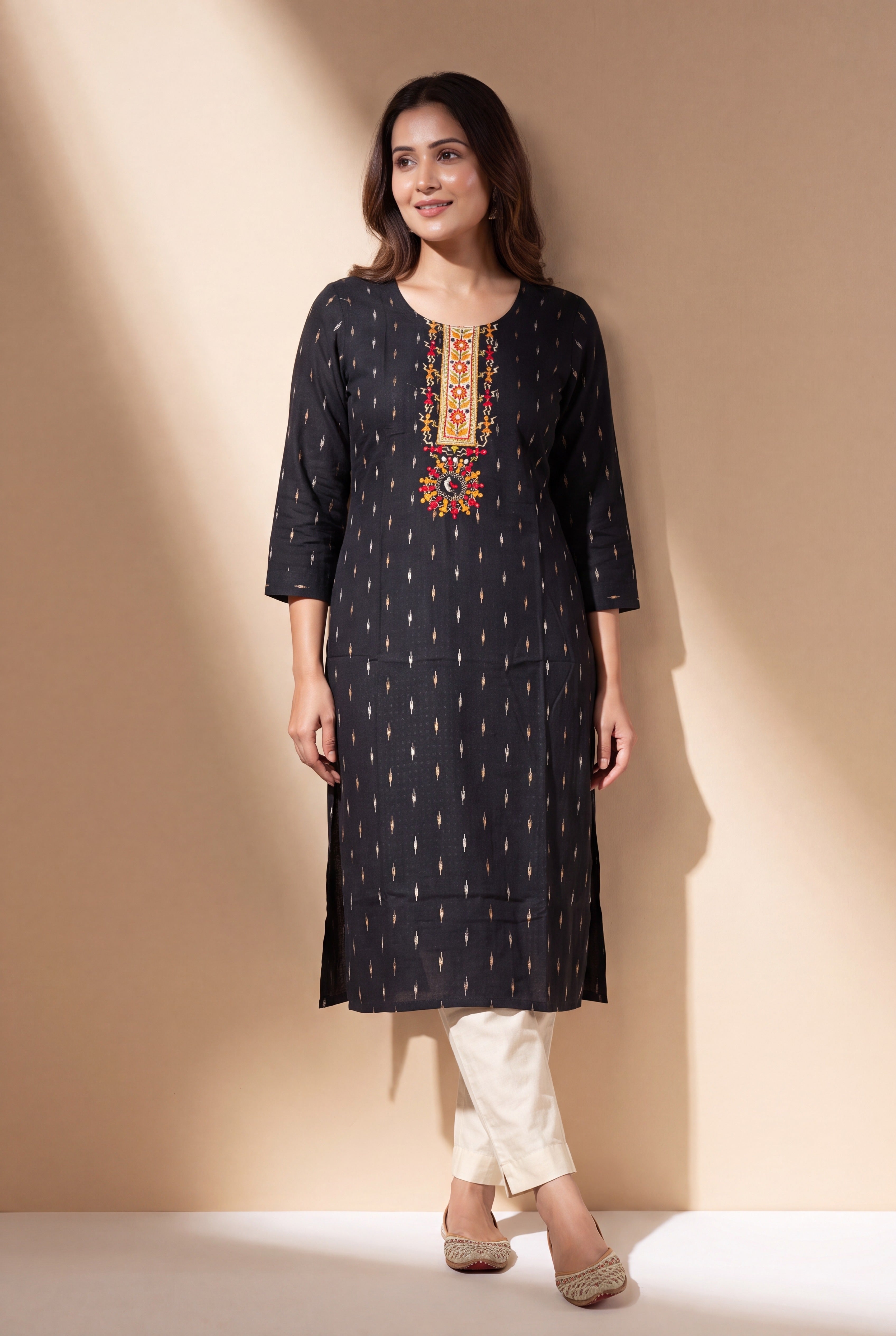 Black Kurti with Crimson and Mustard Warli Embroidary