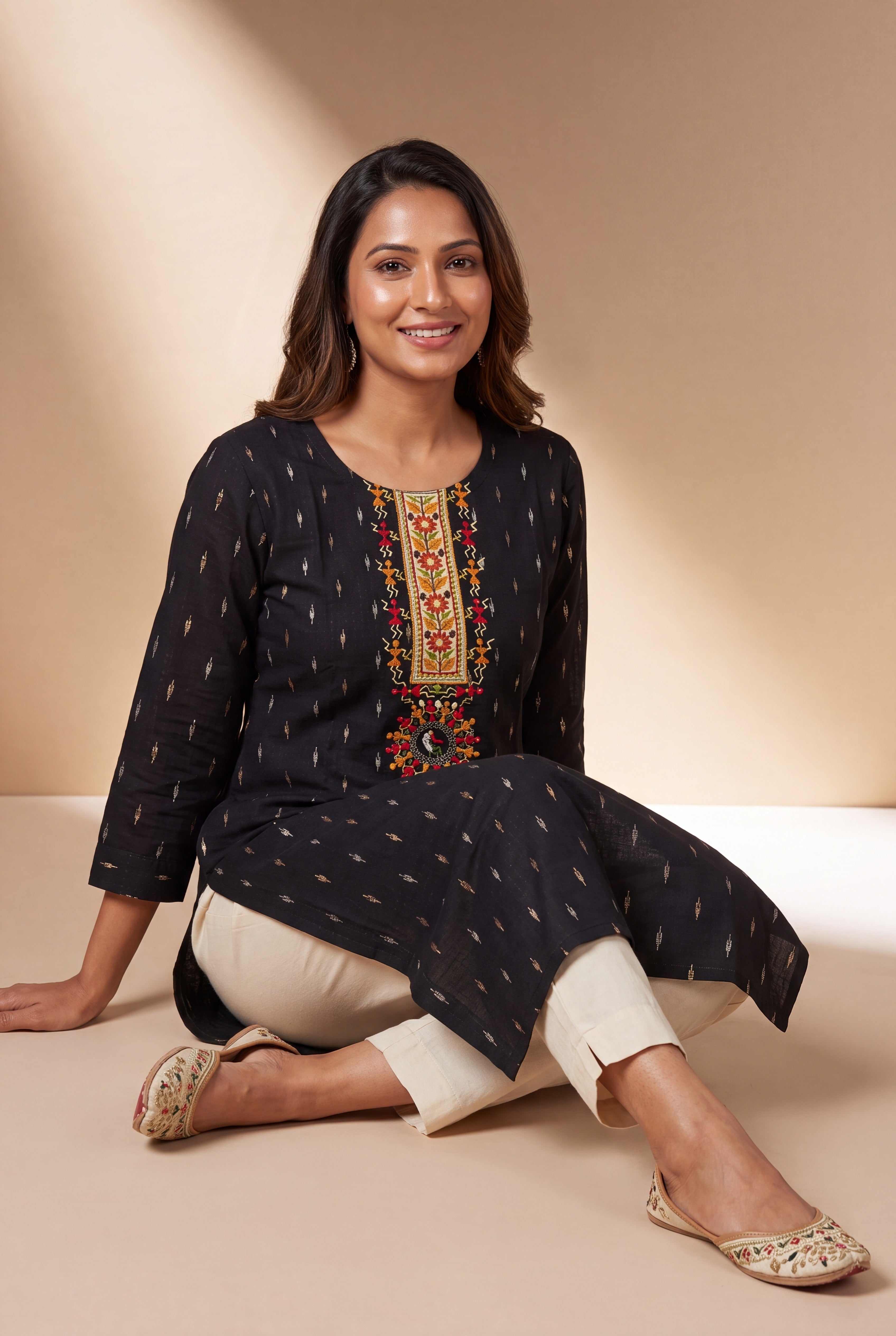 Black Kurti with Crimson and Mustard Warli Embroidary