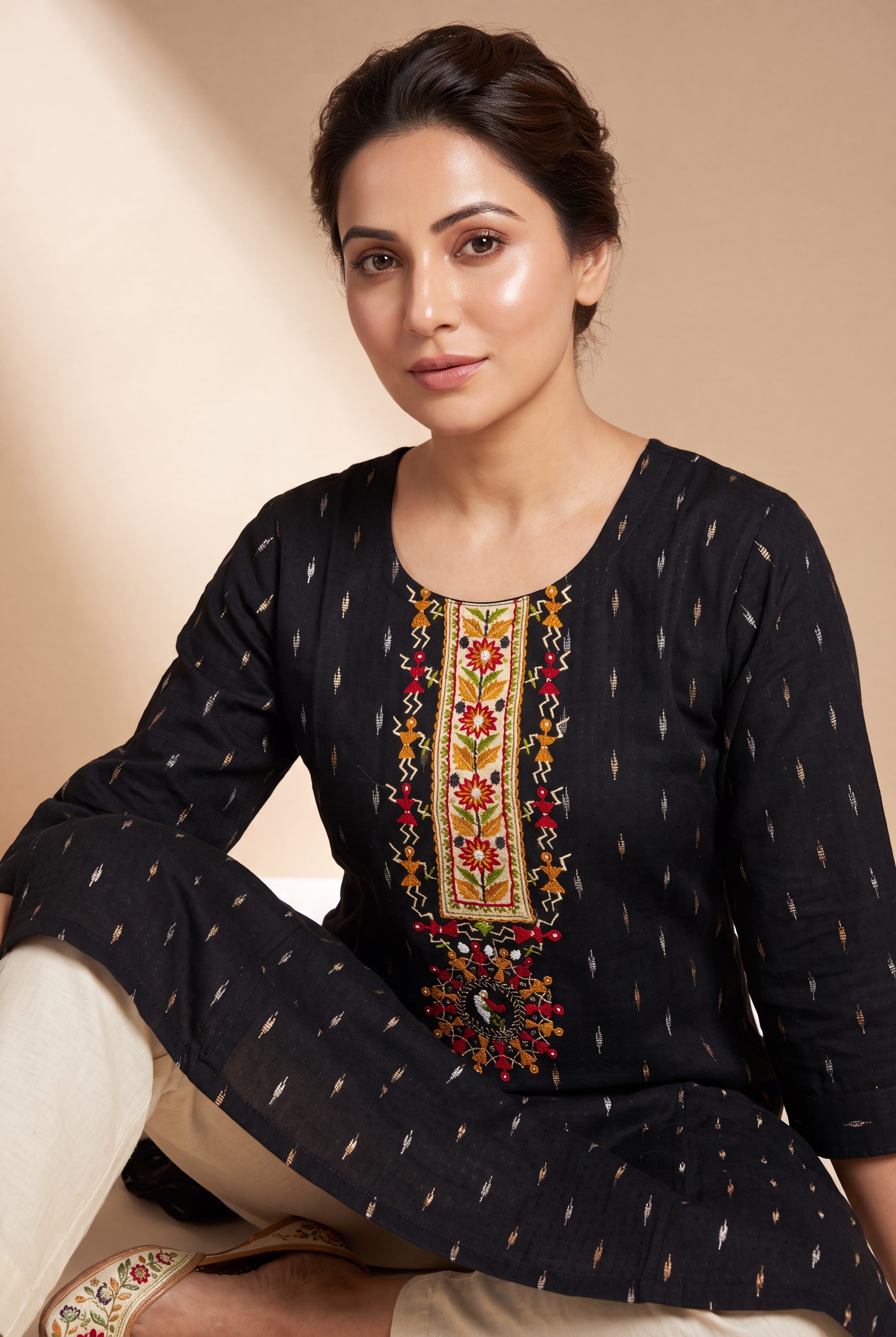 Black Kurti with Crimson and Mustard Warli Embroidary