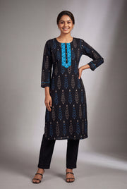 Black Pallava Kurti with contrast Blue and White motifs
