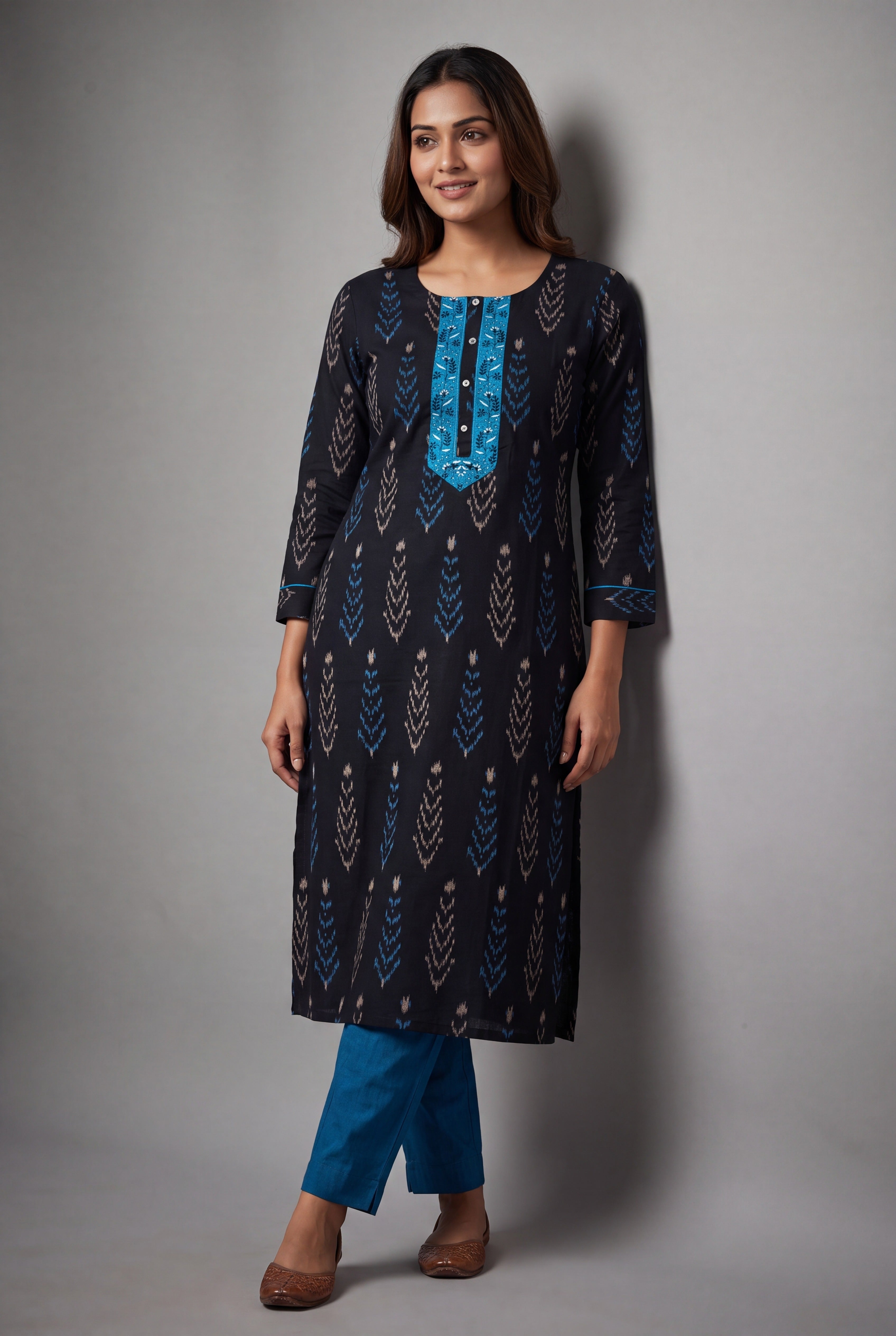 Black Pallava Kurti with contrast Blue and White motifs