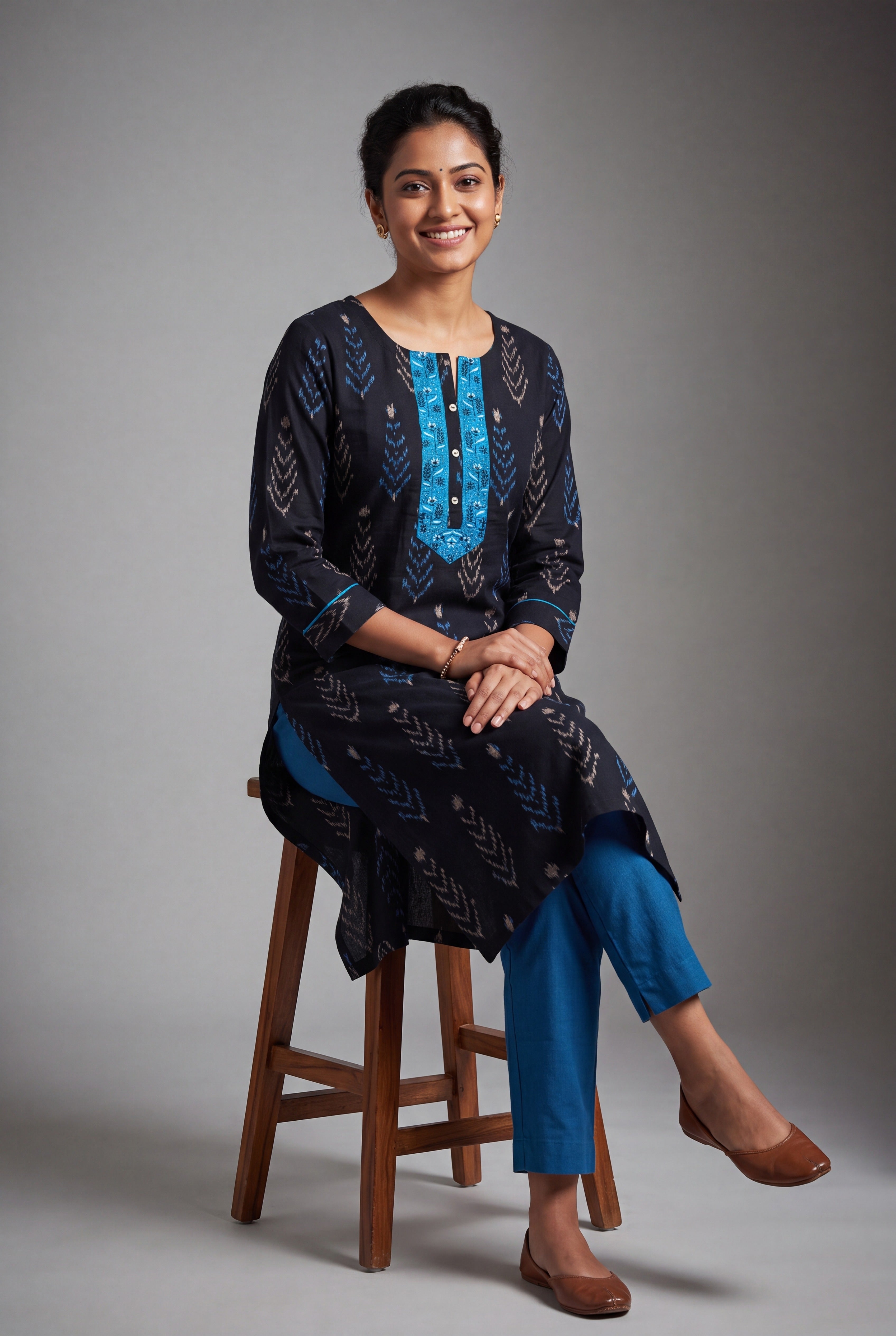 Black Pallava Kurti with contrast Blue and White motifs
