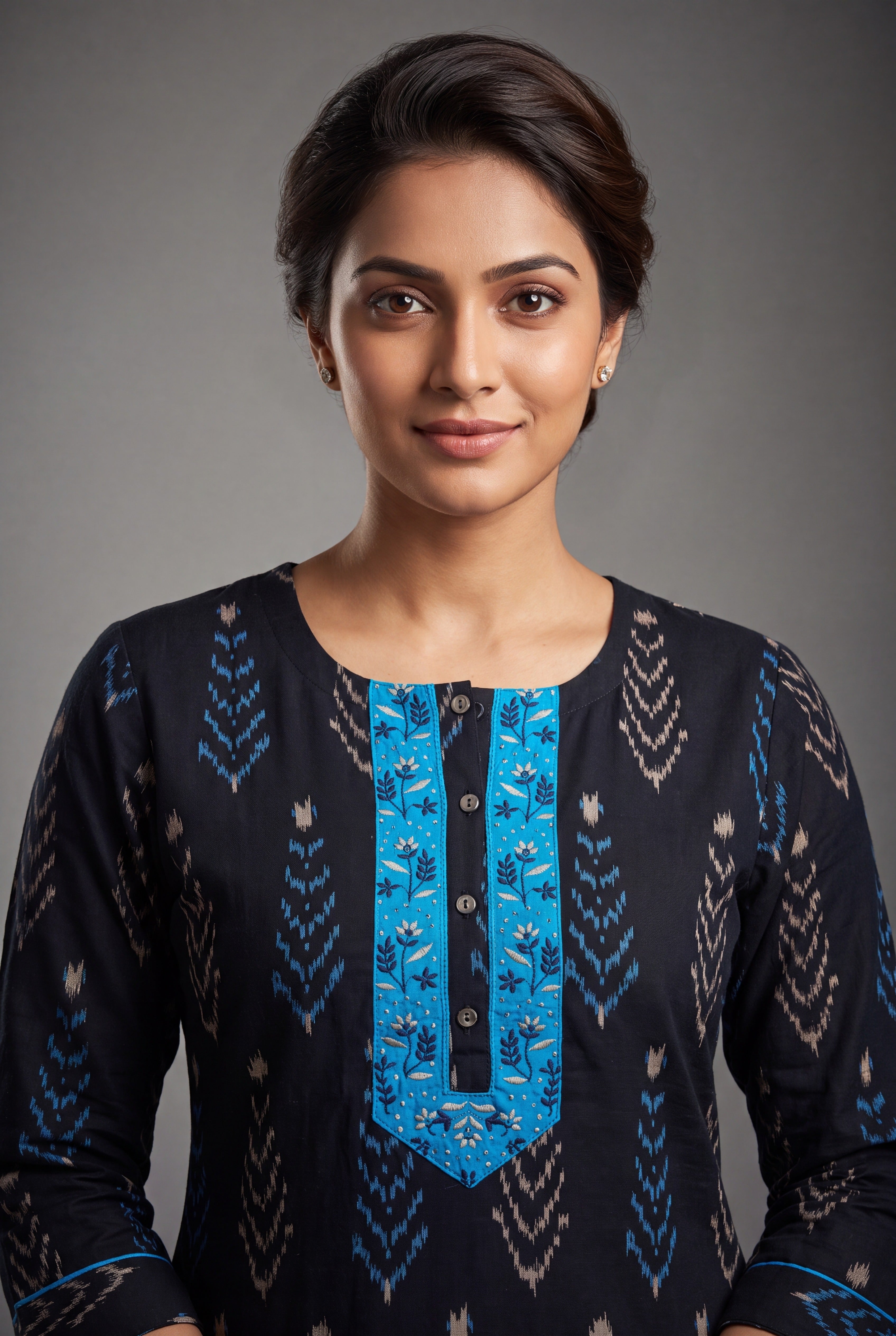 Black Pallava Kurti with contrast Blue and White motifs