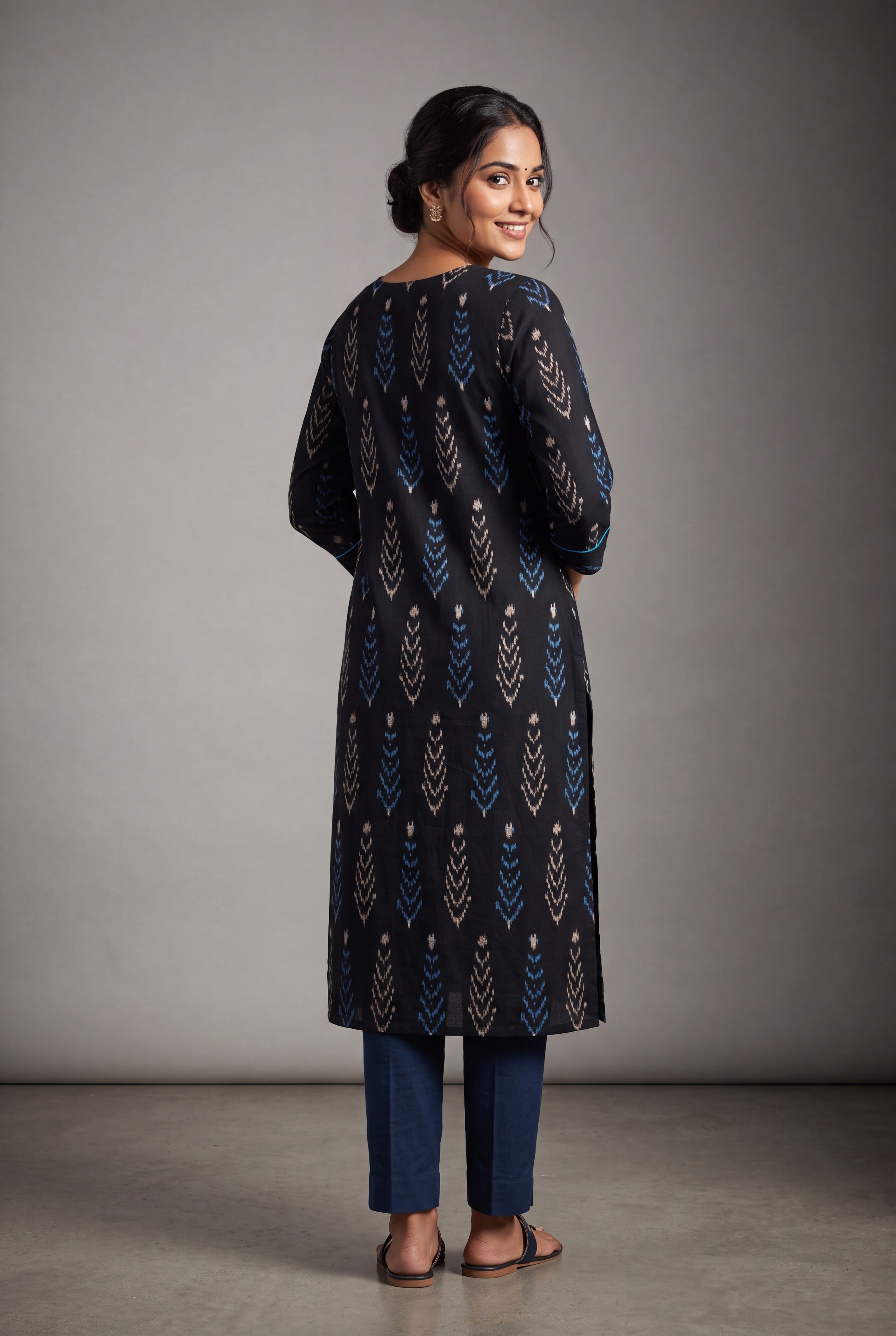 Black Pallava Kurti with contrast Blue and White motifs