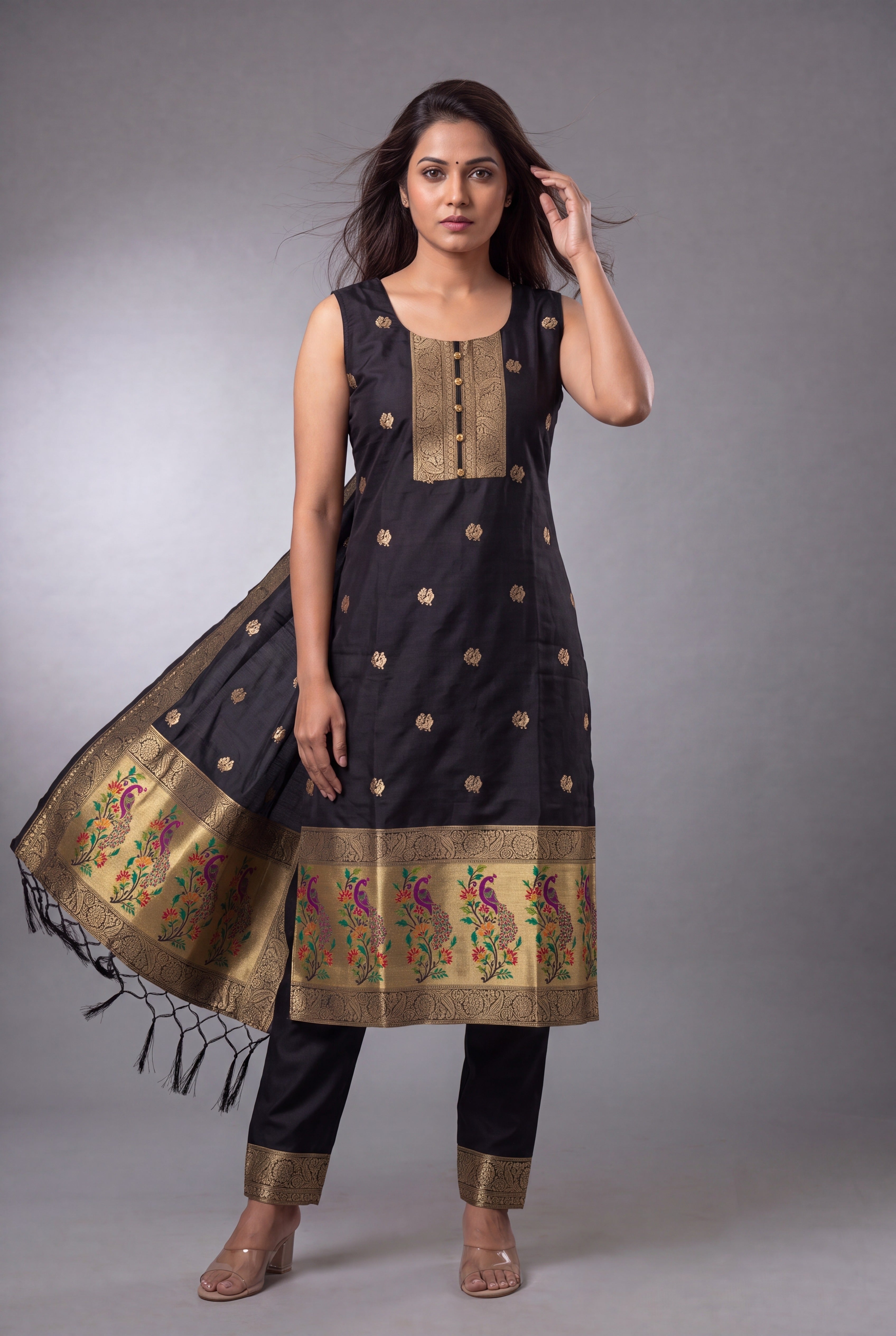Black Soft Silk Paithani Suit Set with Resham threadwork