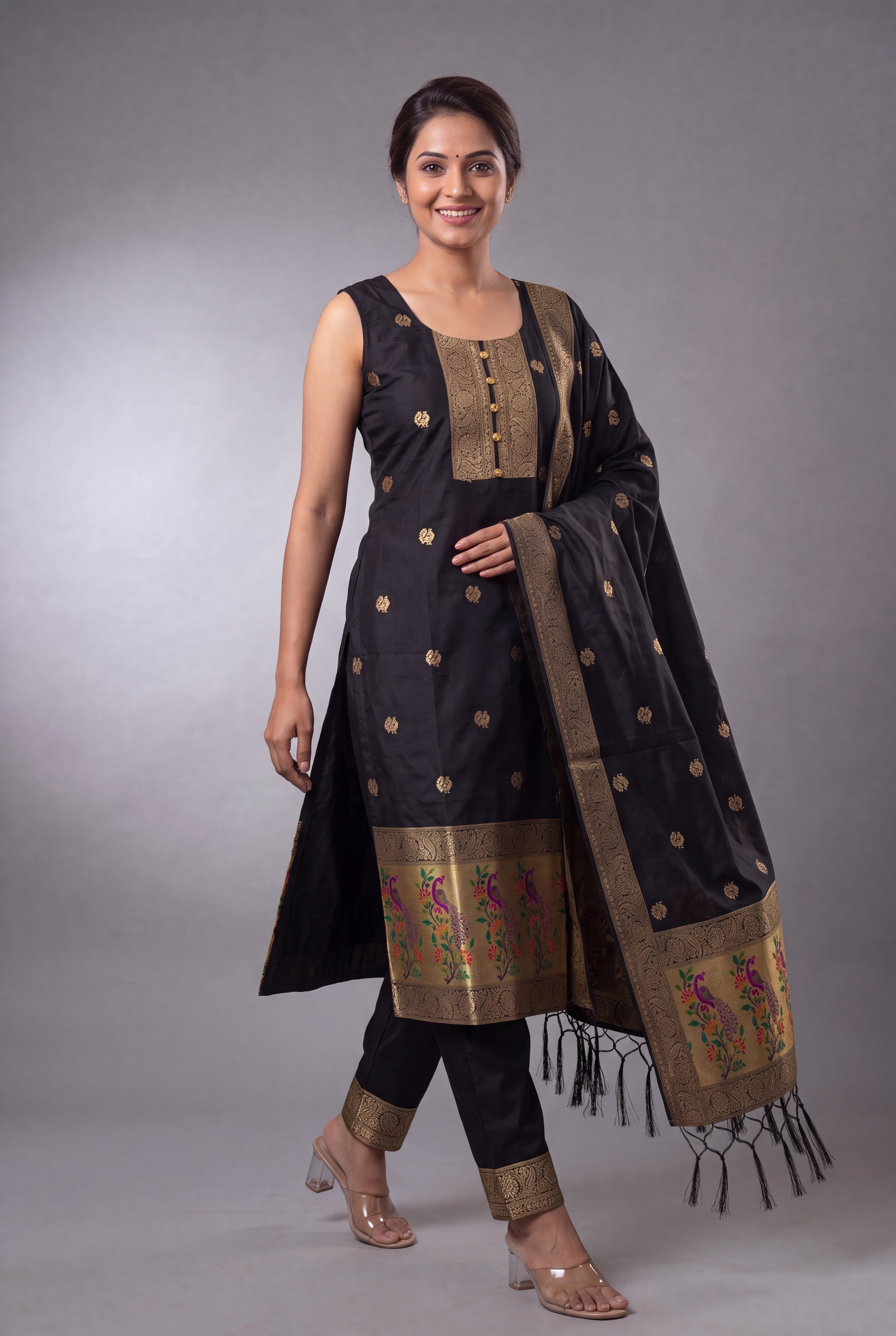 Black Soft Silk Paithani Suit Set with Resham threadwork