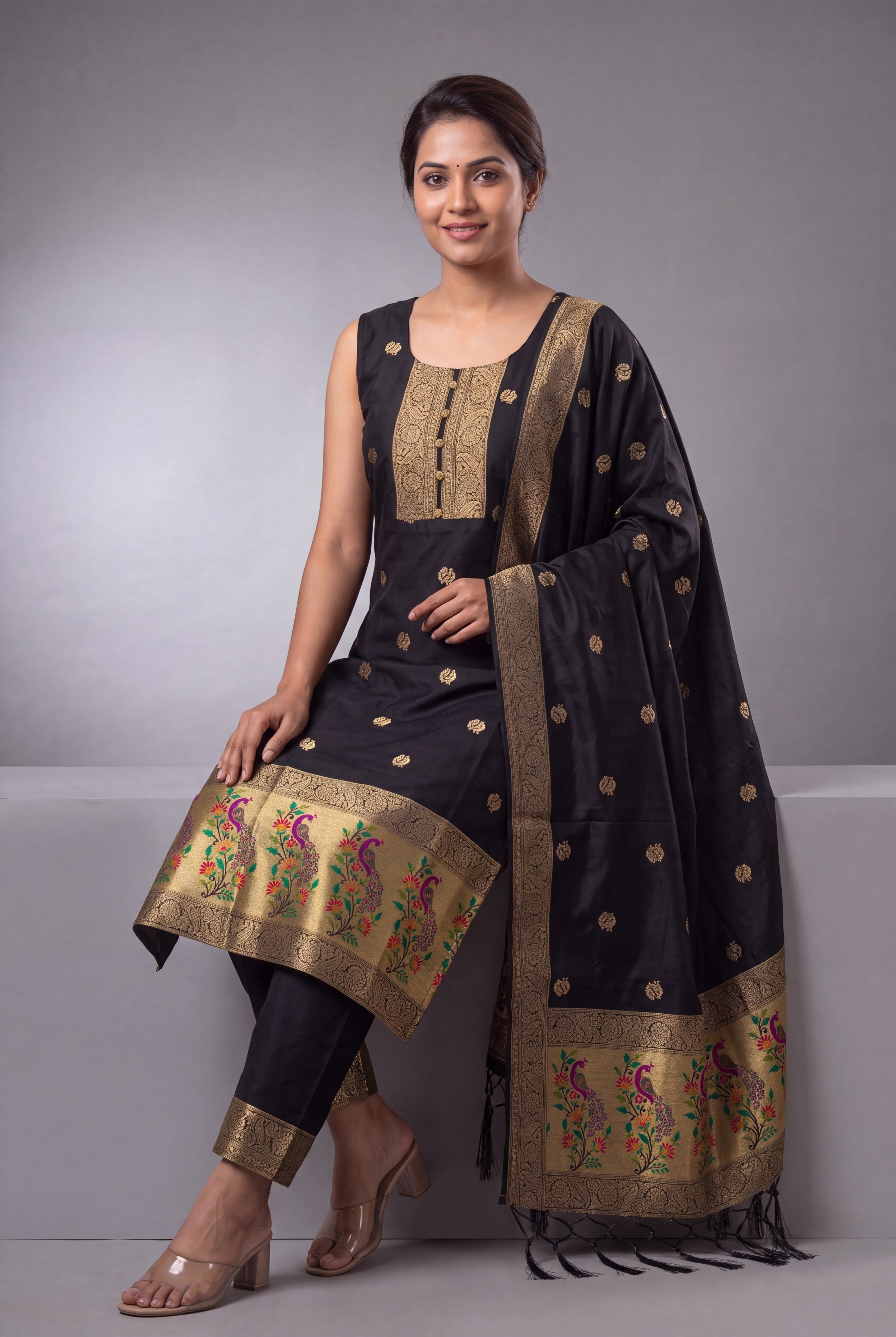 Black Soft Silk Paithani Suit Set with Resham threadwork