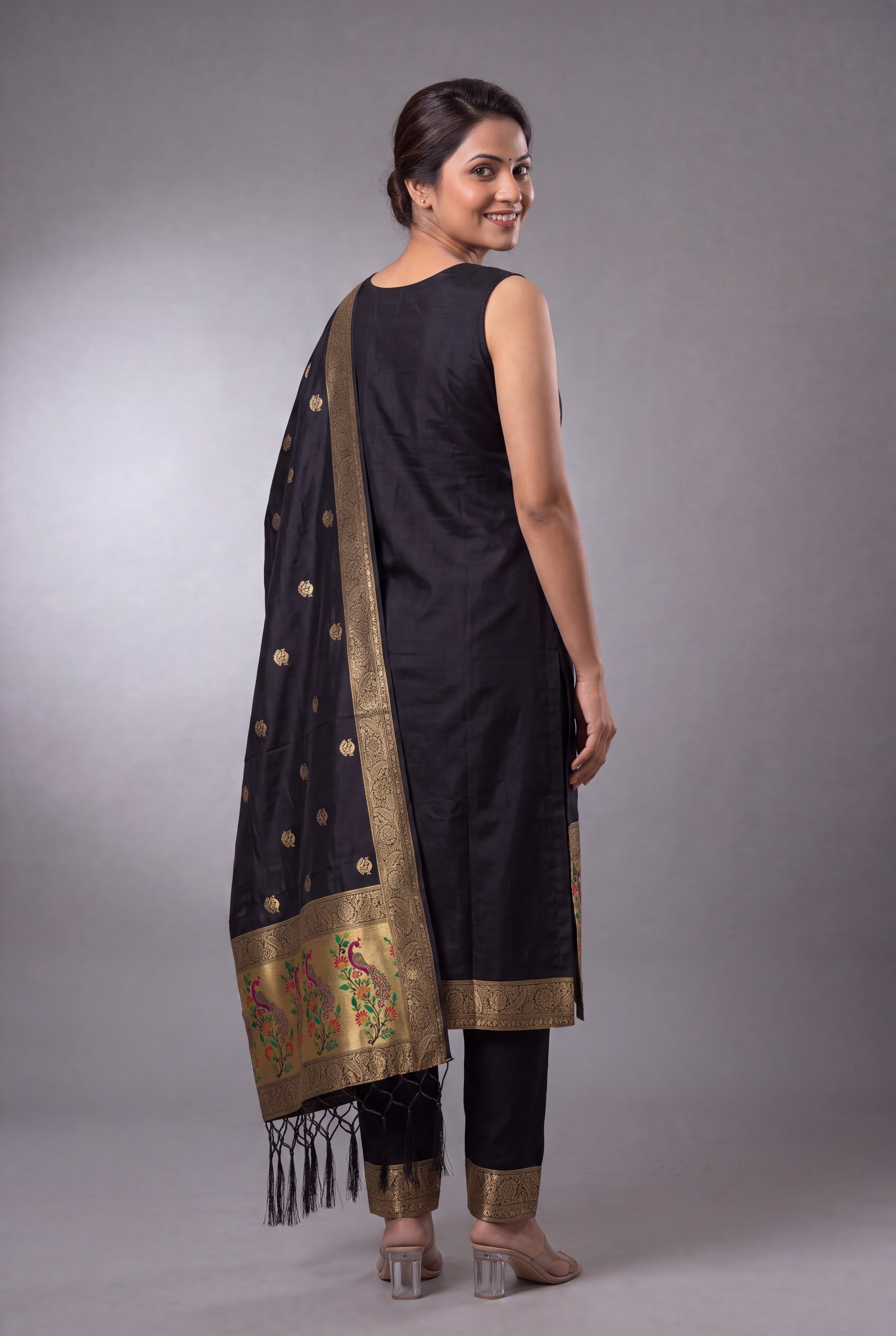 Black Soft Silk Paithani Suit Set with Resham threadwork
