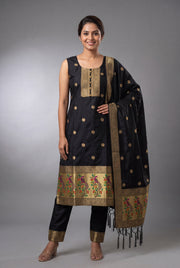 Black Soft Silk Paithani Suit Set with Resham threadwork