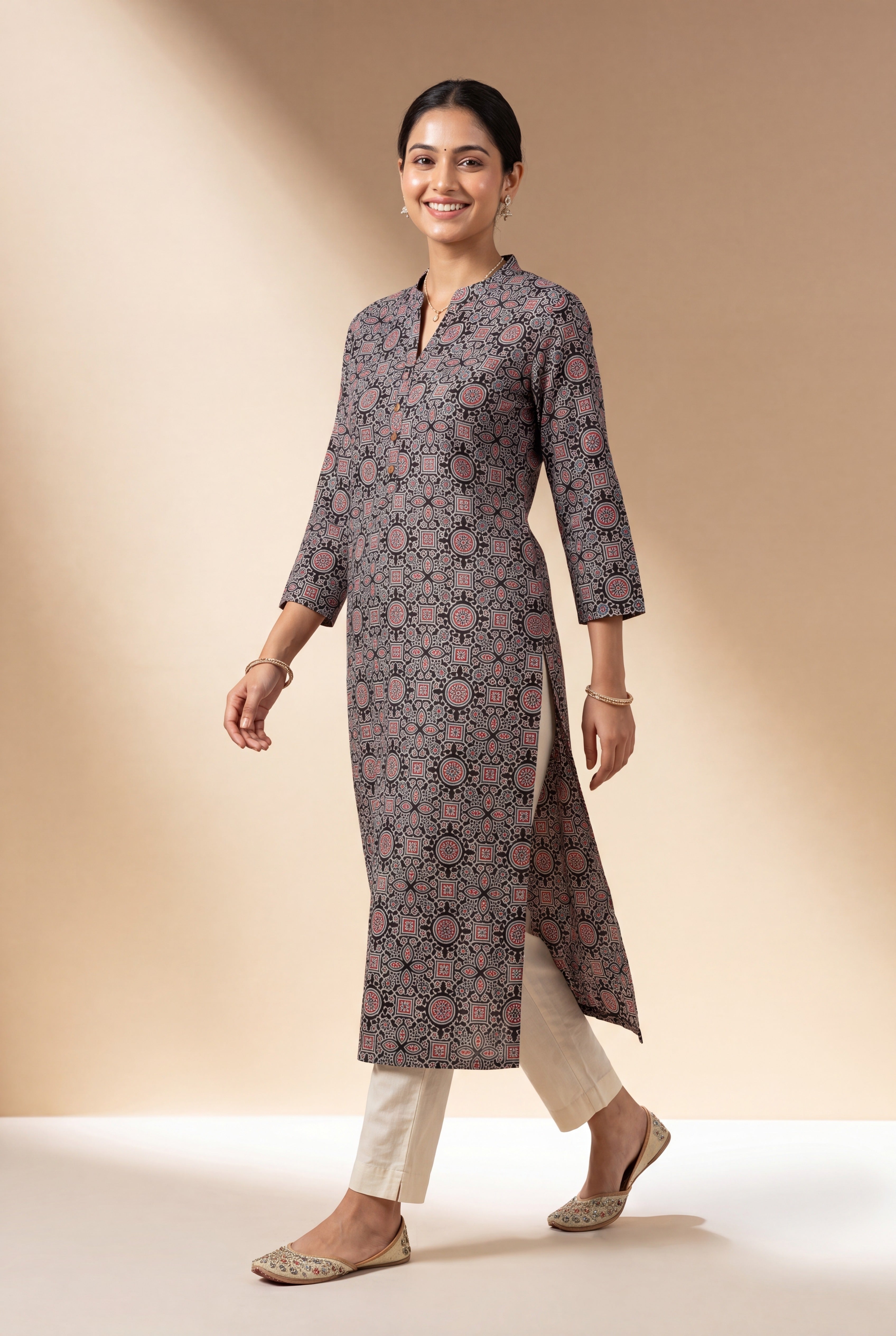 Black Tarika Kurti with Ajrakh Print