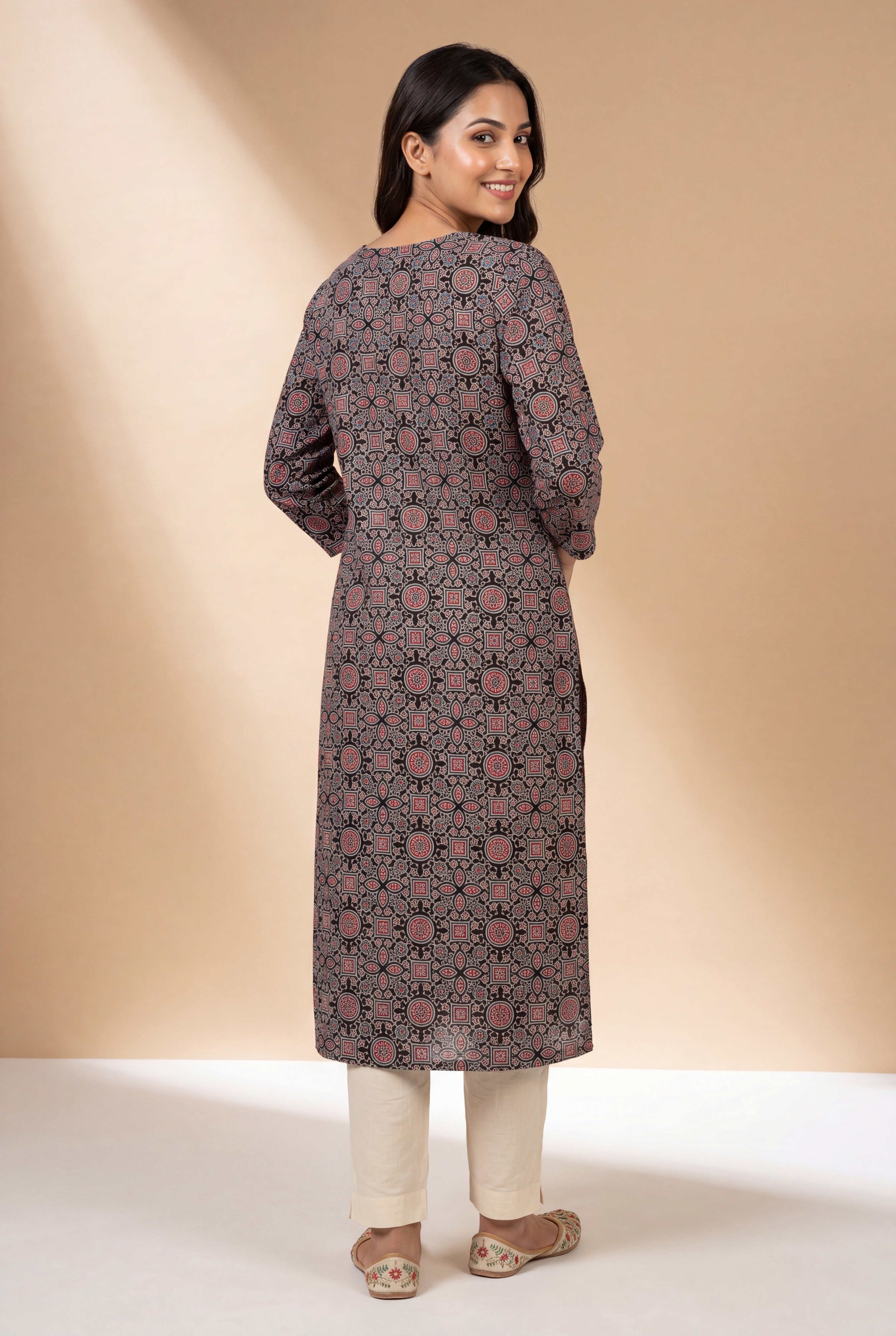 Black Tarika Kurti with Ajrakh Print