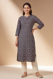 Black Tarika Kurti with Ajrakh Print