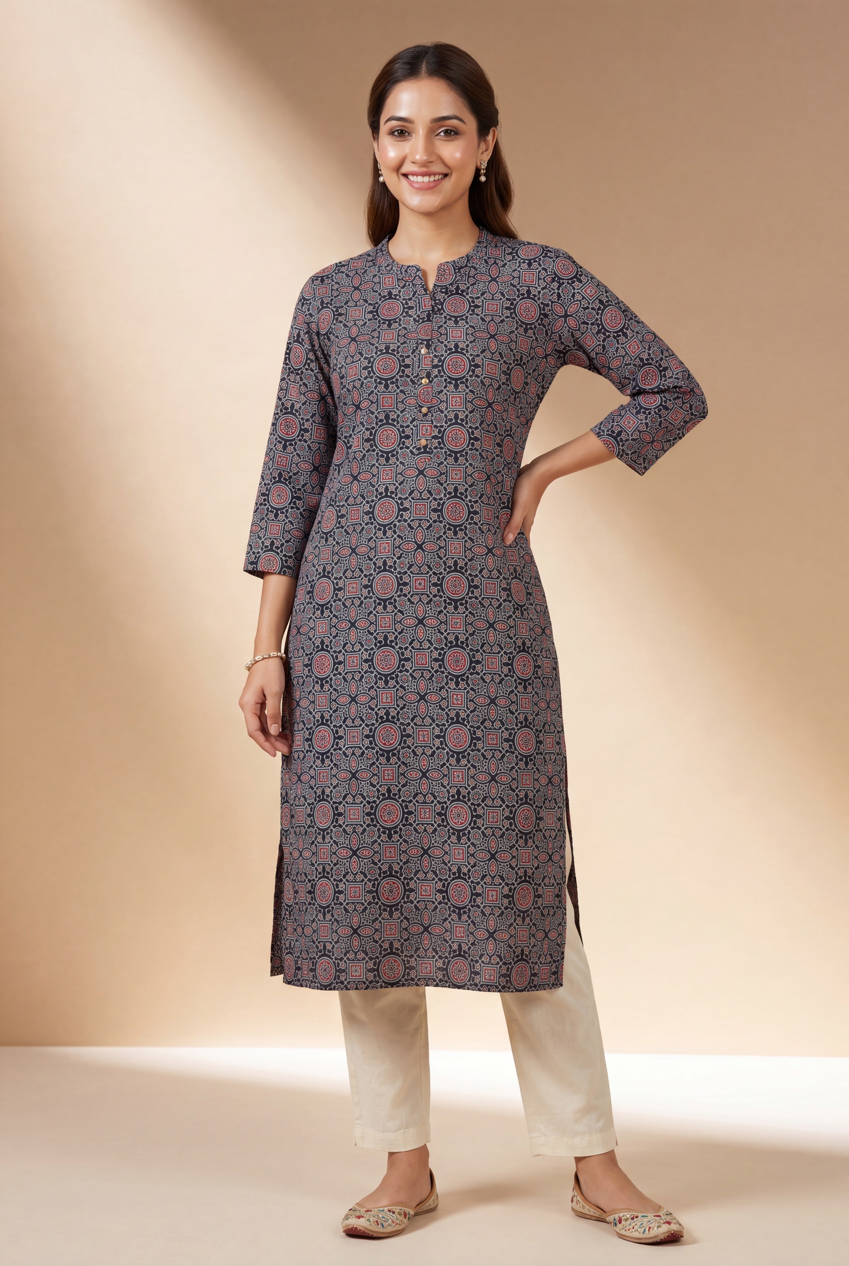 Black Tarika Kurti with Ajrakh Print