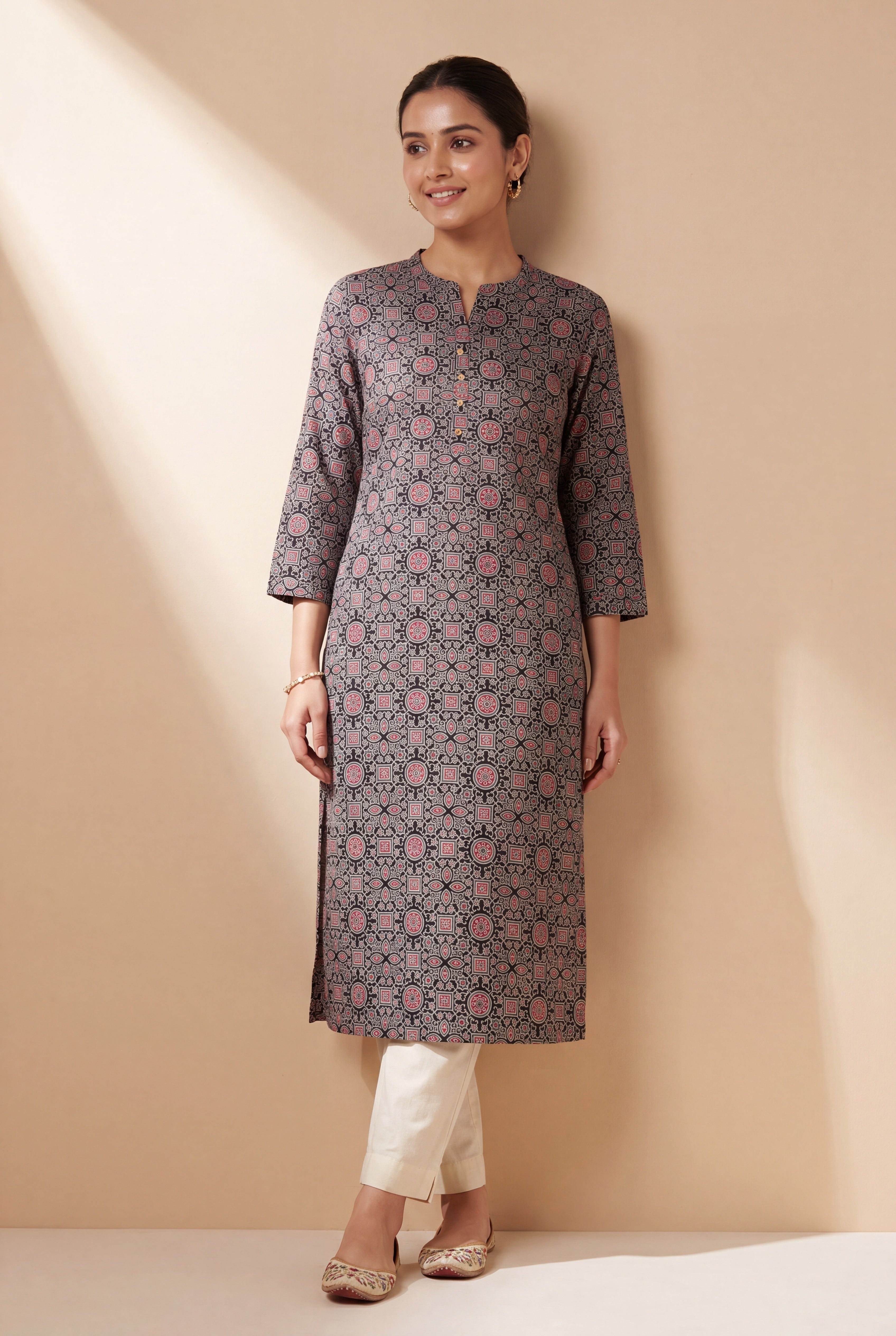 Black Tarika Kurti with Ajrakh Print
