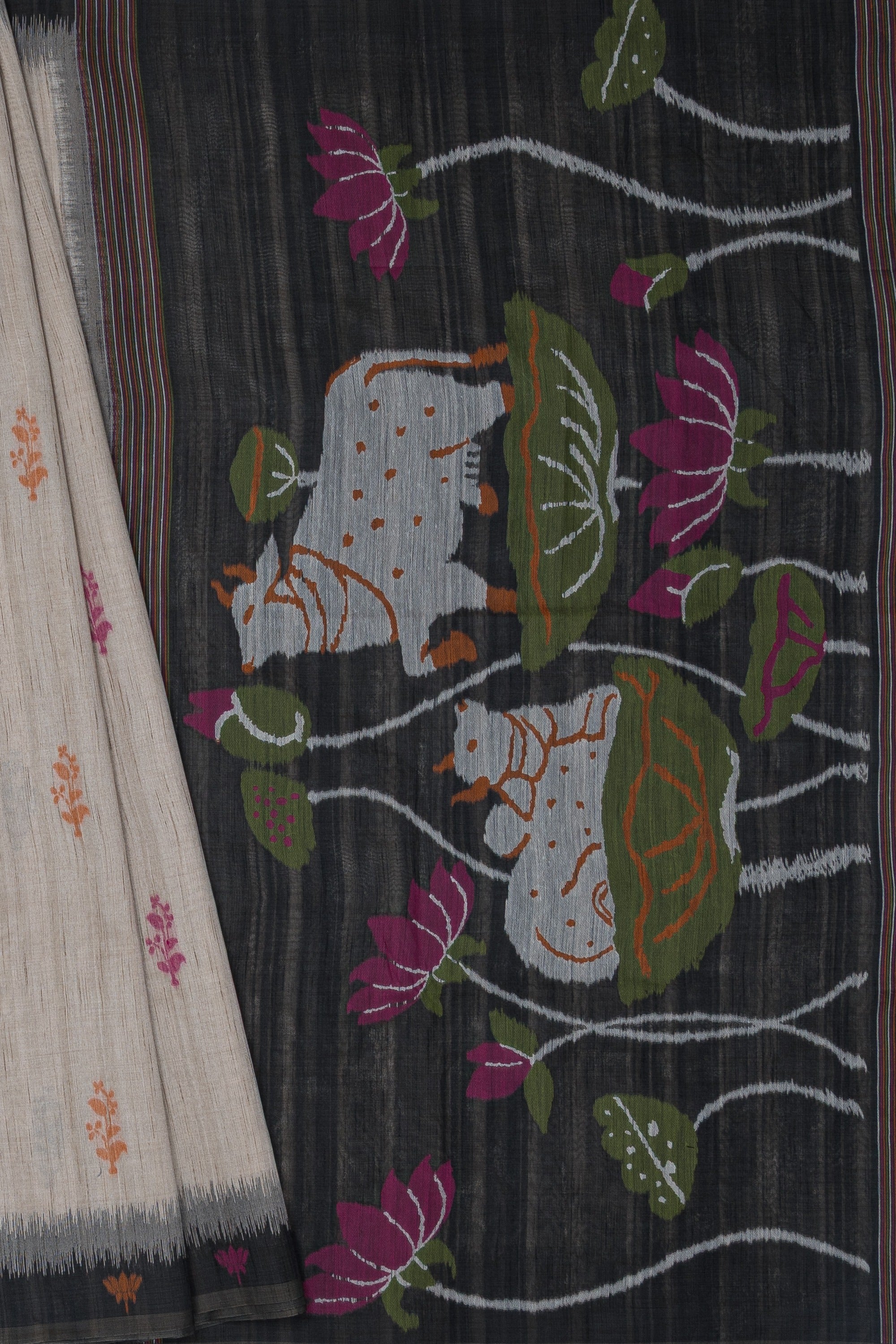 Black and Cream Paithani-Concept Saree with Nandi Pallu and Floral Pallu